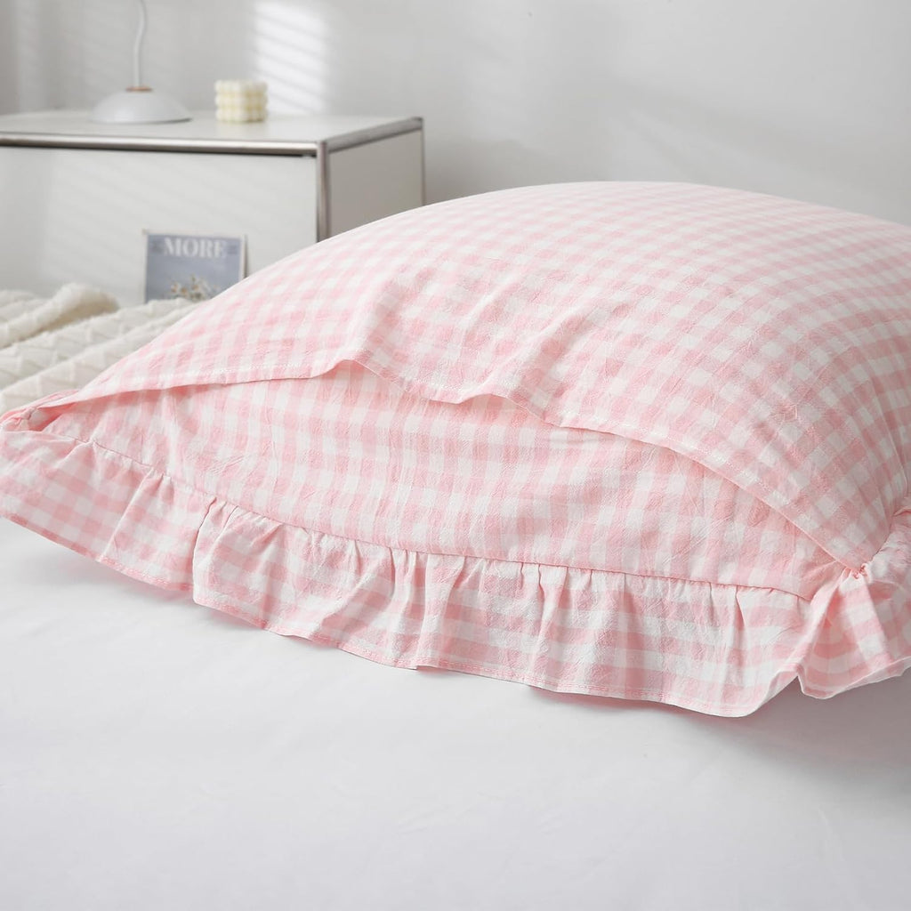 Kmasaniji 2 Pack Blush White Plaid Ruffle Gingham Euro Shams Pillow Covers, 100% Washed Cotton Checkered Farmhouse Pillowcases for Bed/Sofa…