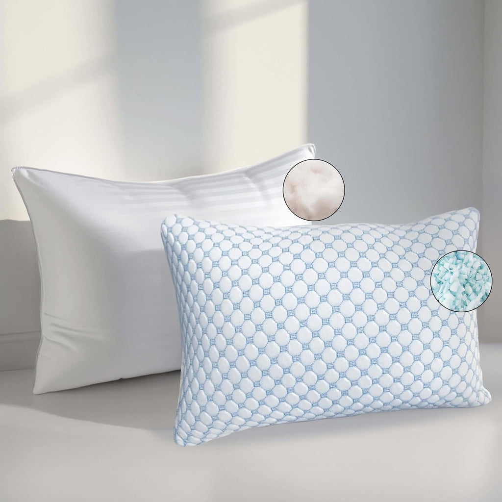 Nestl Cooling Memory Foam Pillow with Down alternative Pillows Combo Set – King Size Set of 2, 1 Soft and 1 Firm, Adjustable for Side, Back…