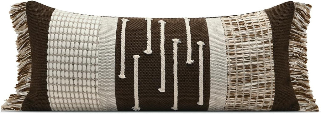 Aibuhome Decorative Lumbar Pillow Cover 12x28, Boho Woven Farmhouse Cotton Linen Cushion Case with Tassels & Hidden Zipper, Lumbar Throw Pi…