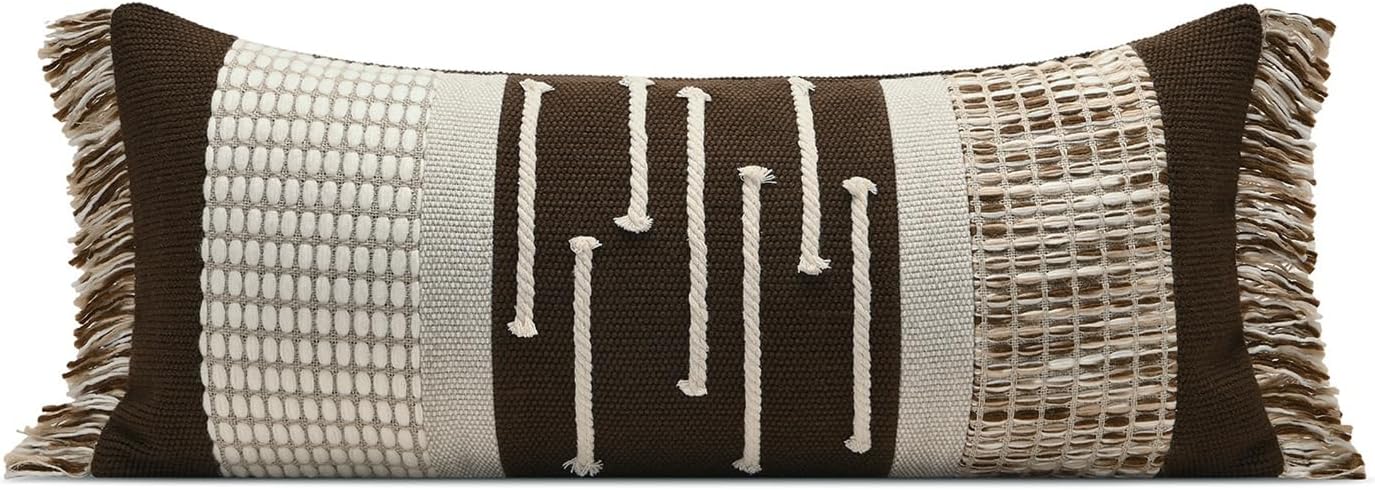 Aibuhome Decorative Lumbar Pillow Cover 12x28, Boho Woven Farmhouse Cotton Linen Cushion Case with Tassels & Hidden Zipper, Lumbar Throw Pi…