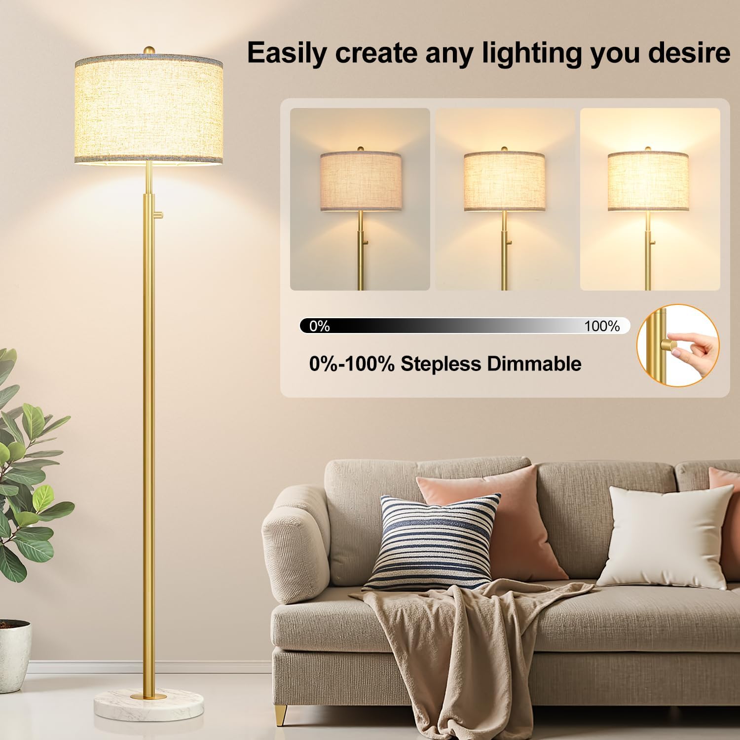 Upgraded】 Dimmable Floor Lamp for Living Room, 11W LED Bulb Included, Modern Standing Lamp with Marble Base, Tall Pole Light with Linen…