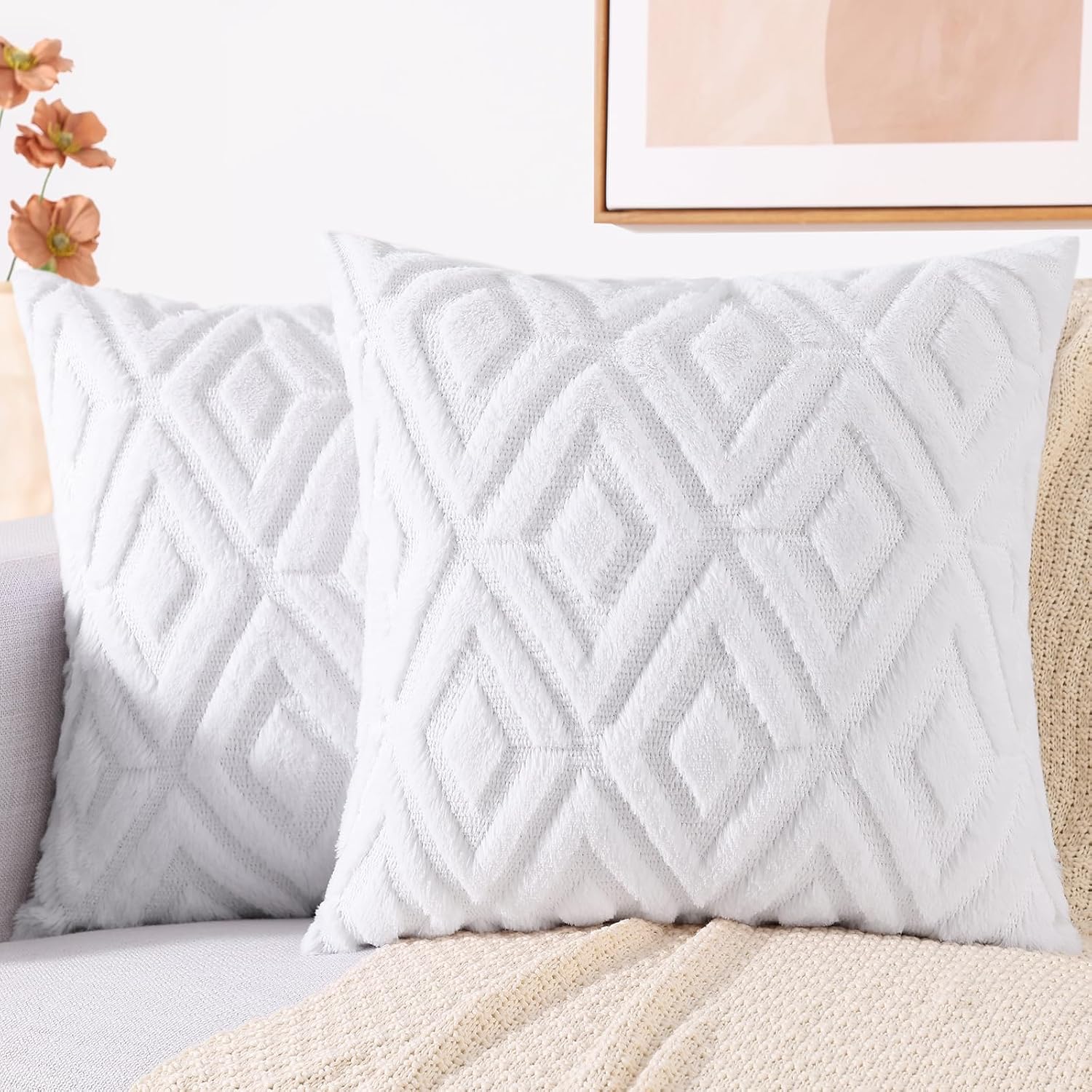 decorUhome Summer Couch Euro Sham Throw Pillow Covers 24x24 Set of 2, Decorative Soft Plush Faux Fur Wool Accent Pillow Covers for Modern F…