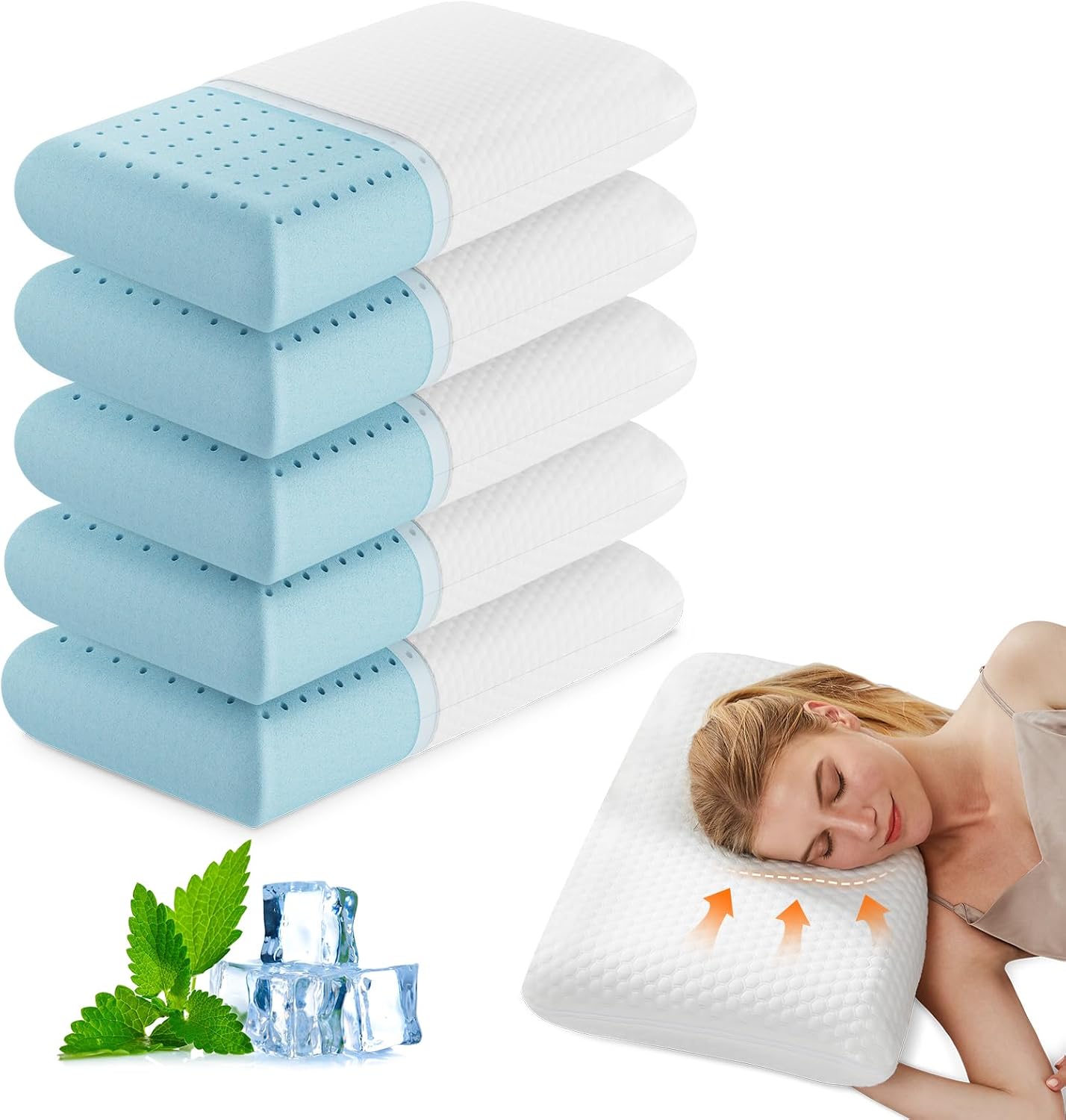 Olixis Memory Foam Pillows for Sleeping 5 Pack Queen Size Bed Pillows for Adults with Removable Washable Cover Breathable Mesh Gel Cooling…