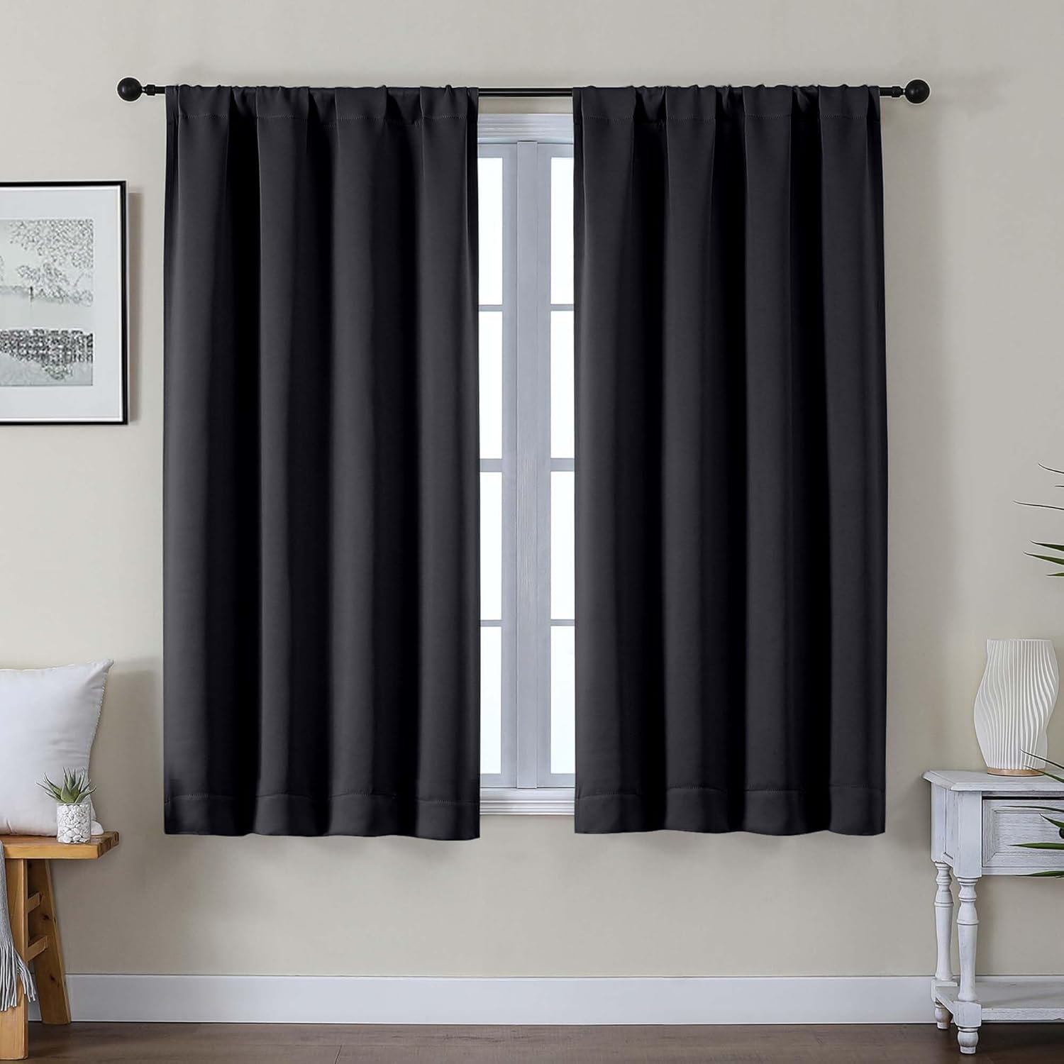 Gwine Black Blackout Curtains for Bedroom 54 Inch Length - Thermal Insulated Light Blocking Window Curtain Panels, Solid Room Darkening…