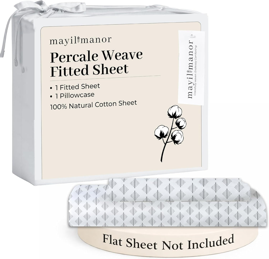 Twin Fitted Sheet with 18" Deep Pockets, No Flat - Percale Weave Natural - Breathable 100% Cotton Printed Bedding, 1 Fitted Sheet + 1…
