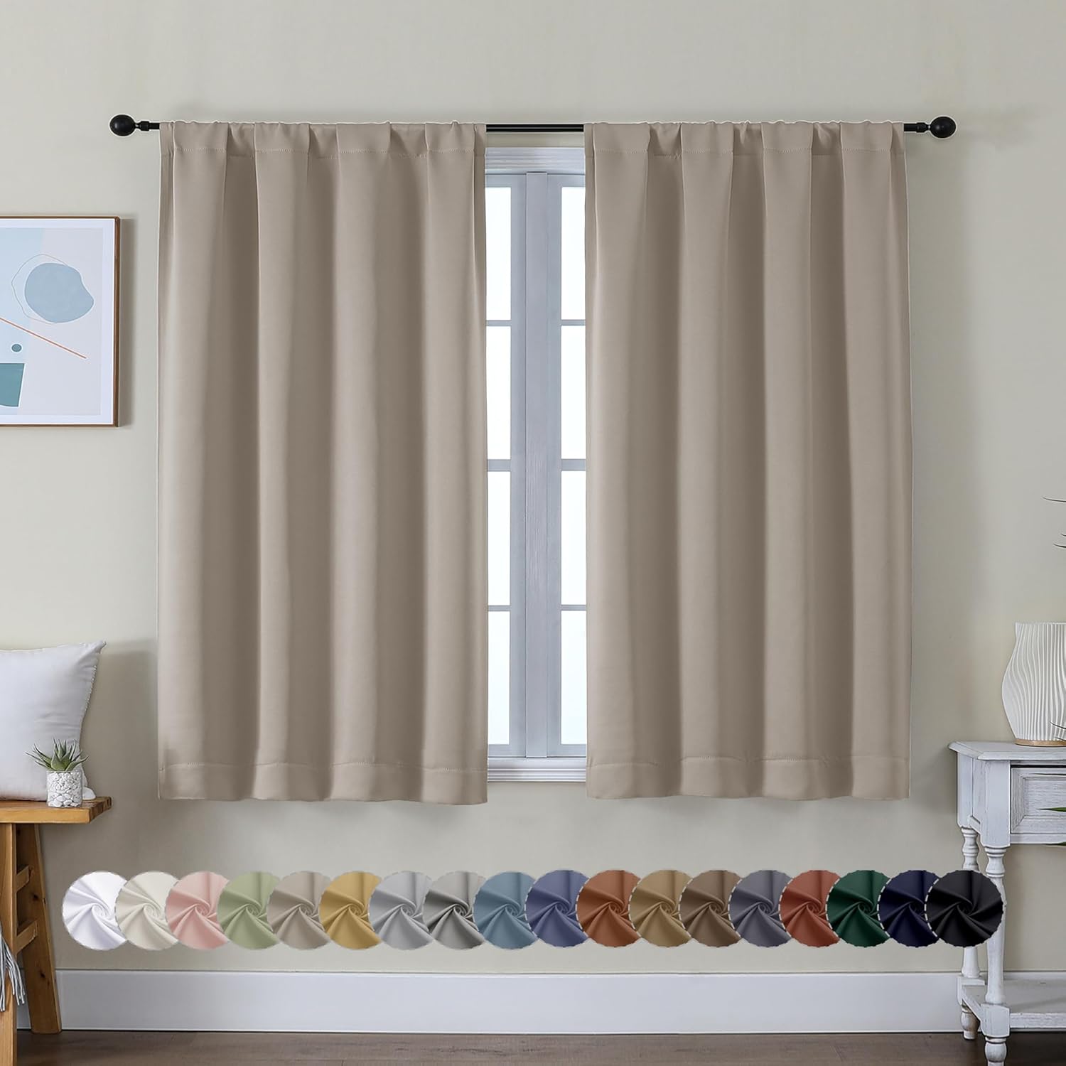 Simplebrand Ava Stone Short Blackout Curtains for Bedroom 45 Inches Long 2 Panels Set, Solid Thermal Insulated, Energy Saving Window Treatm…