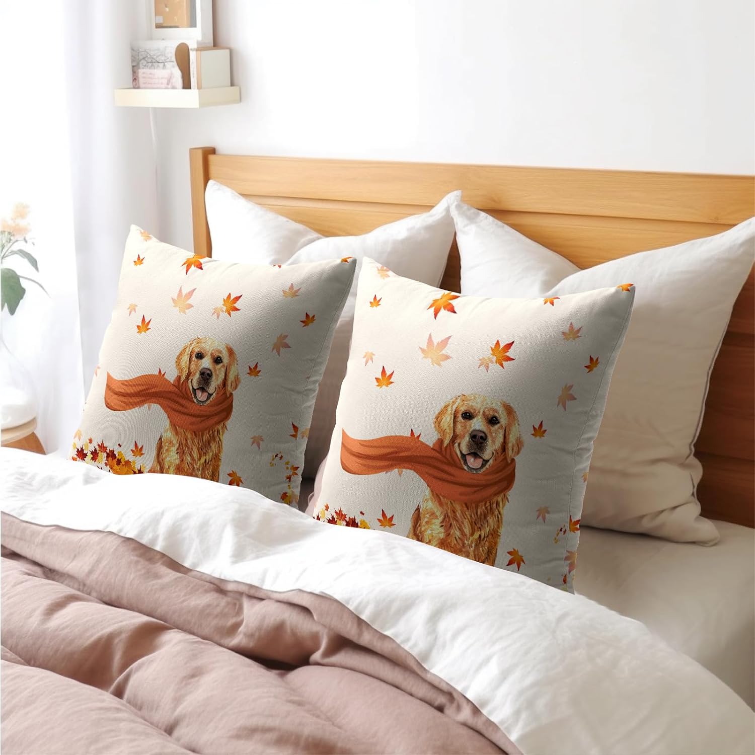 Golden Retriever Dog Fall Throw Pillow Cover Autumn Maple Leaves Farmhouse Pillowcase Cute Pet Modern Thanksgiving Decorative Pillow…