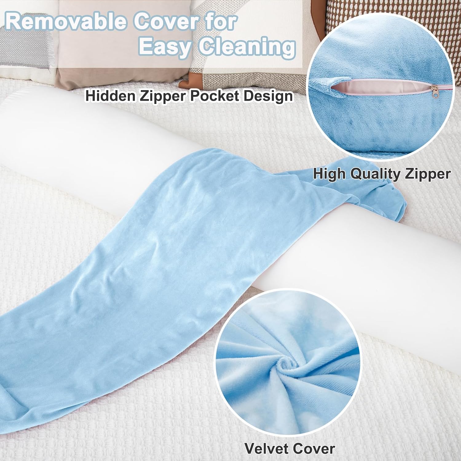 1 MIDDLE ONE Bolster Pillow for Bed, Long Round Body Pillow for Adults with Removable Velvet Cover, Decorative Tube Roll Cylinder Pillow…