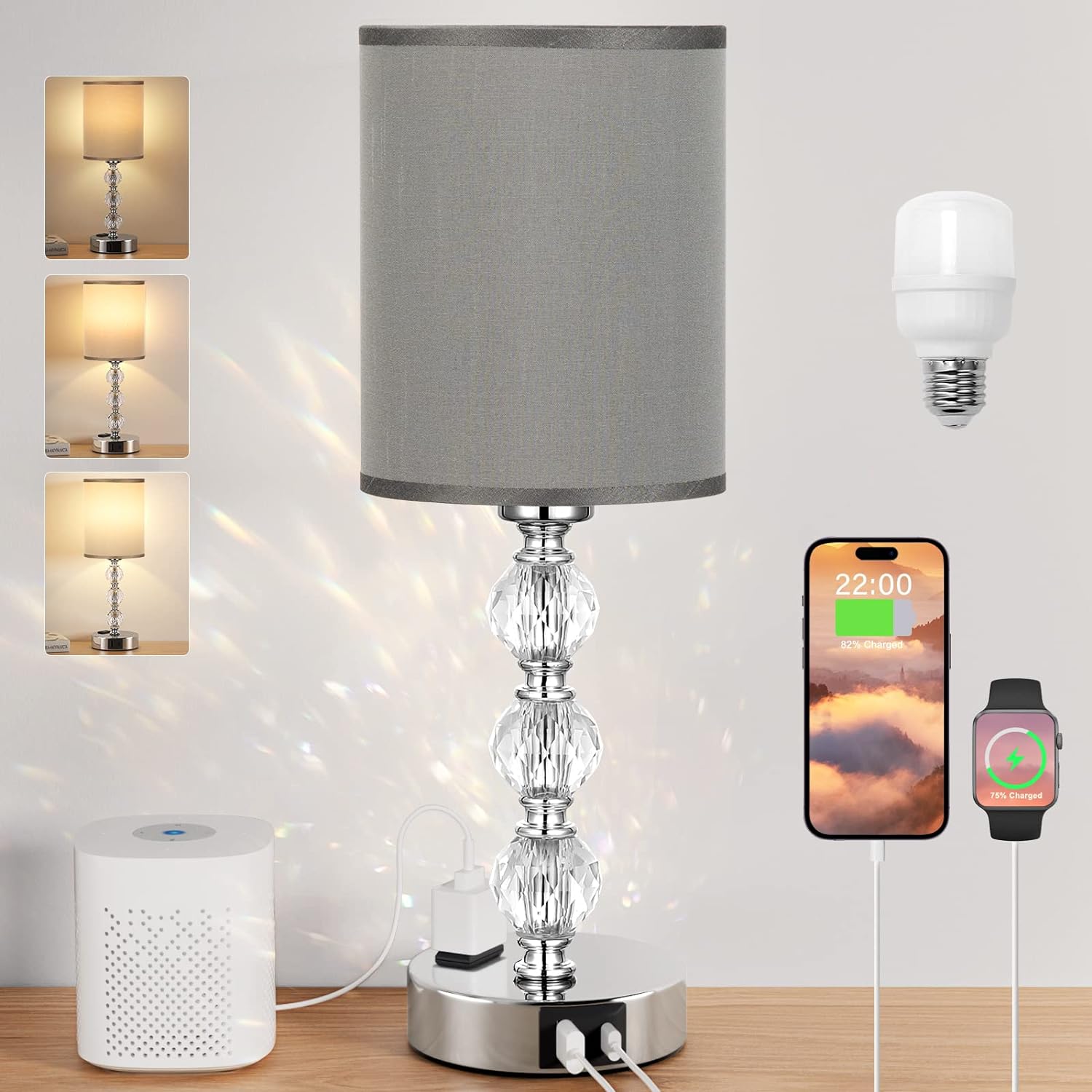 Grey Touch Bedside Lamps for Bedrooms - Crystal Table Lamp with USB C+A Charging Port and AC Outlet Nightstand, 3 Way Dimmable Silver…