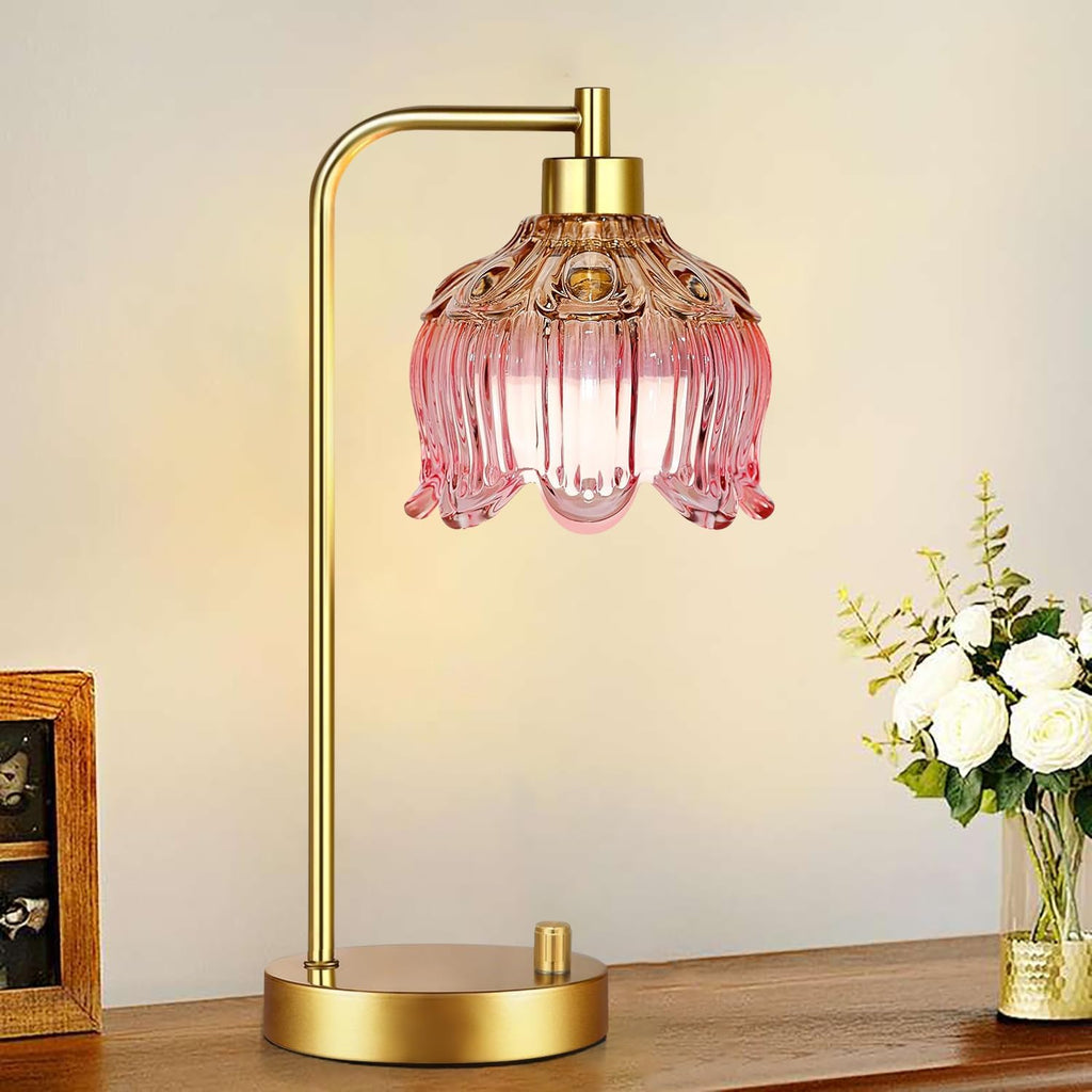 ILLMTW Pink Table Lamp Set of 2, Small Gold Bedside Lamps Dimmable Boho Bedroom Lamp with Tulip Flower Glass Lamp Shade, Vintage Mid…