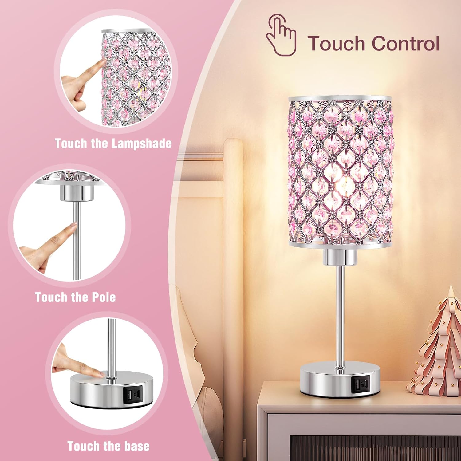 GyroVu Crystal Table Lamp, Pink Touch Lamp with USB C+A Ports, Dimmable Lamp with Crystal Shade, Bedside Lamp Small Lamp for Girl…