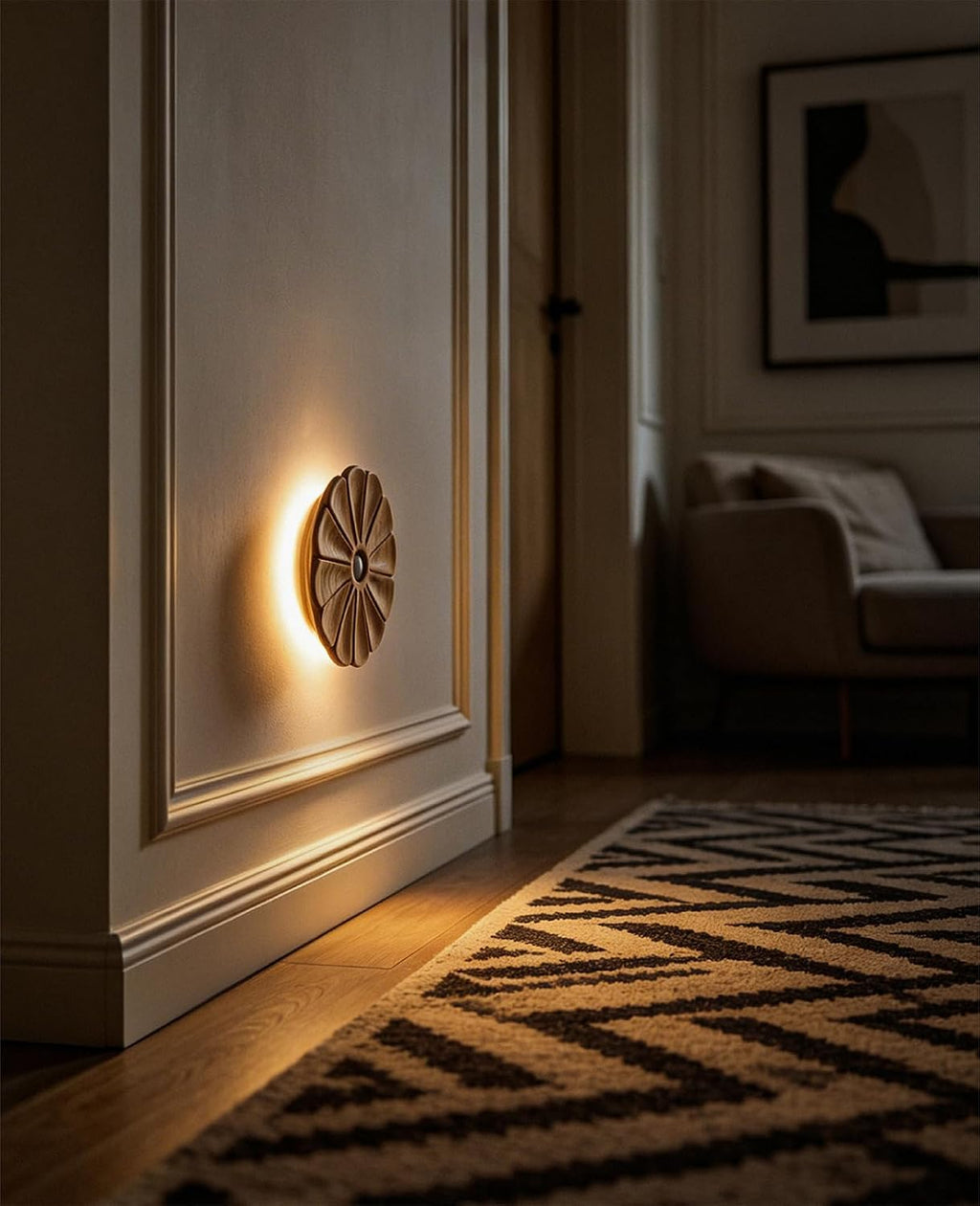 Night Light Wooden Carved Flower Mini USB Rechargeable Motion Sensor Nightlights Magnetic Wall Light for Hallway, Bedroom, Living Room…