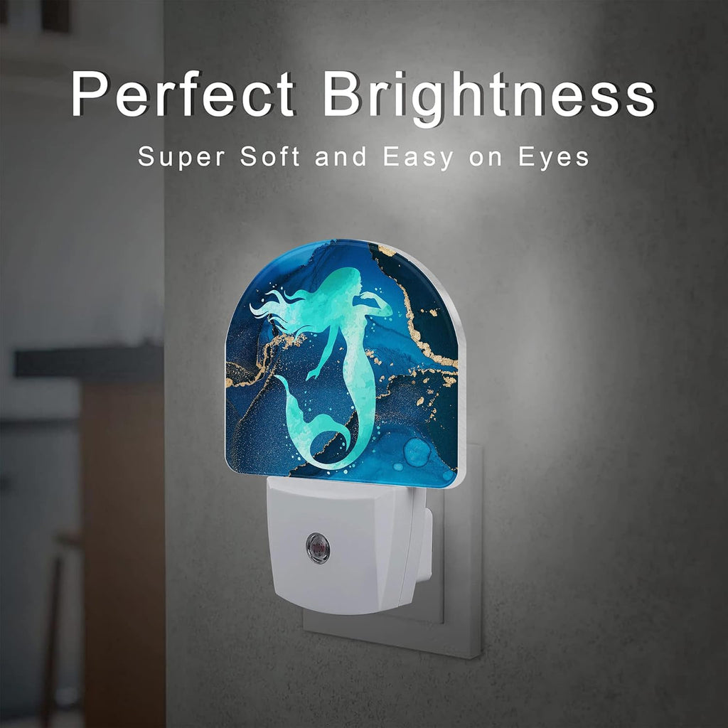 Watercolor Turquoise Mermaid Night Light for Kids, Navy Blue Golden Marble Night Light Plug in with Dusk to Dawn Sensor,0.5w Energy Saving…