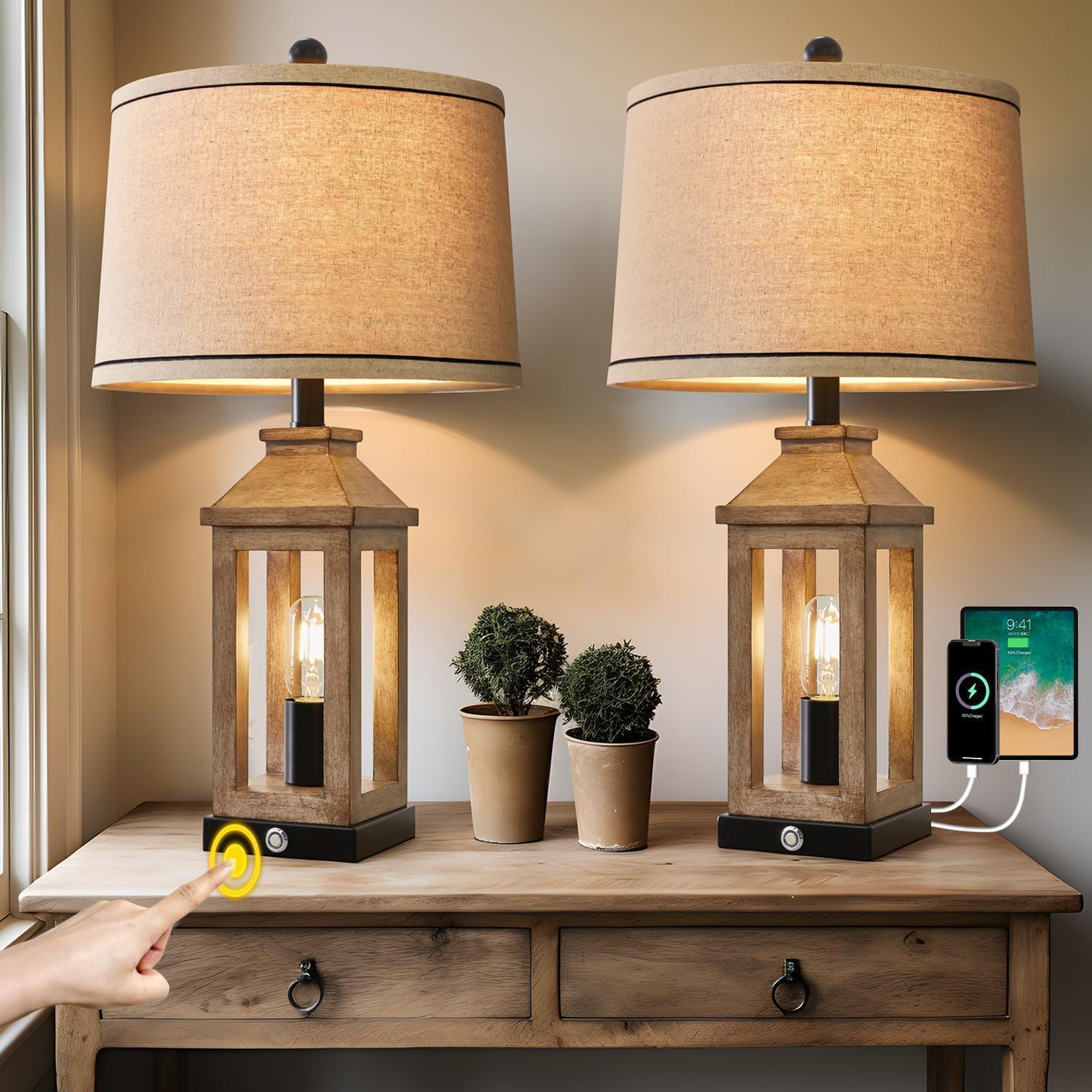 G-SAFAVA 23.75" Farmhouse Dual USB Charging Ports 3-Way Dimmable Touch Control Table Lamp with Nightlight Vintage Modern Lamps for Living…