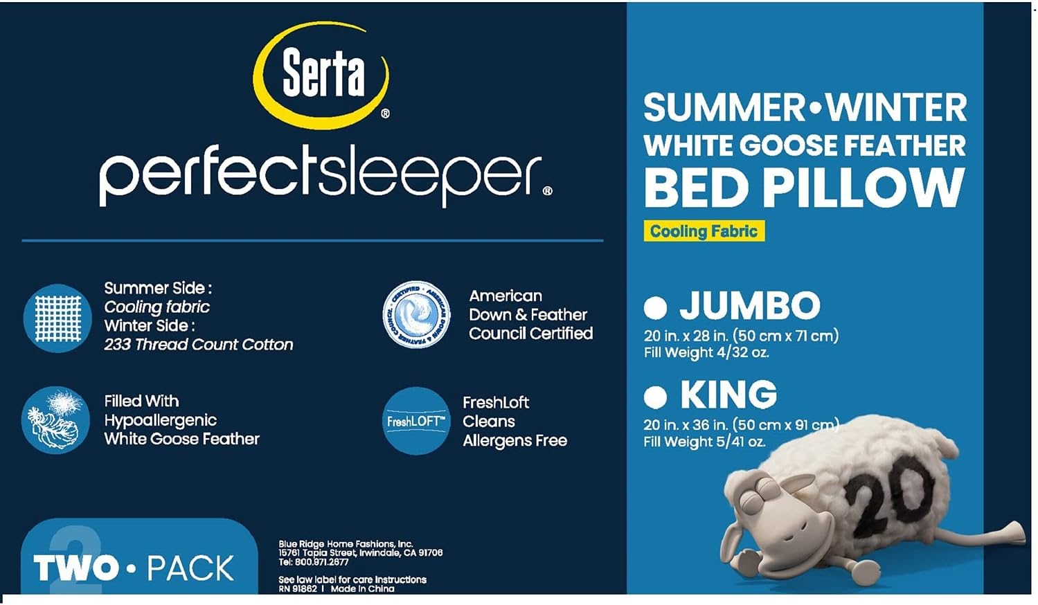 Serta Cooling Pillows White Feather Pillows Set of 2 Pack Super Supportive Bed Pillows for All Seasons, King (Pack of 2)