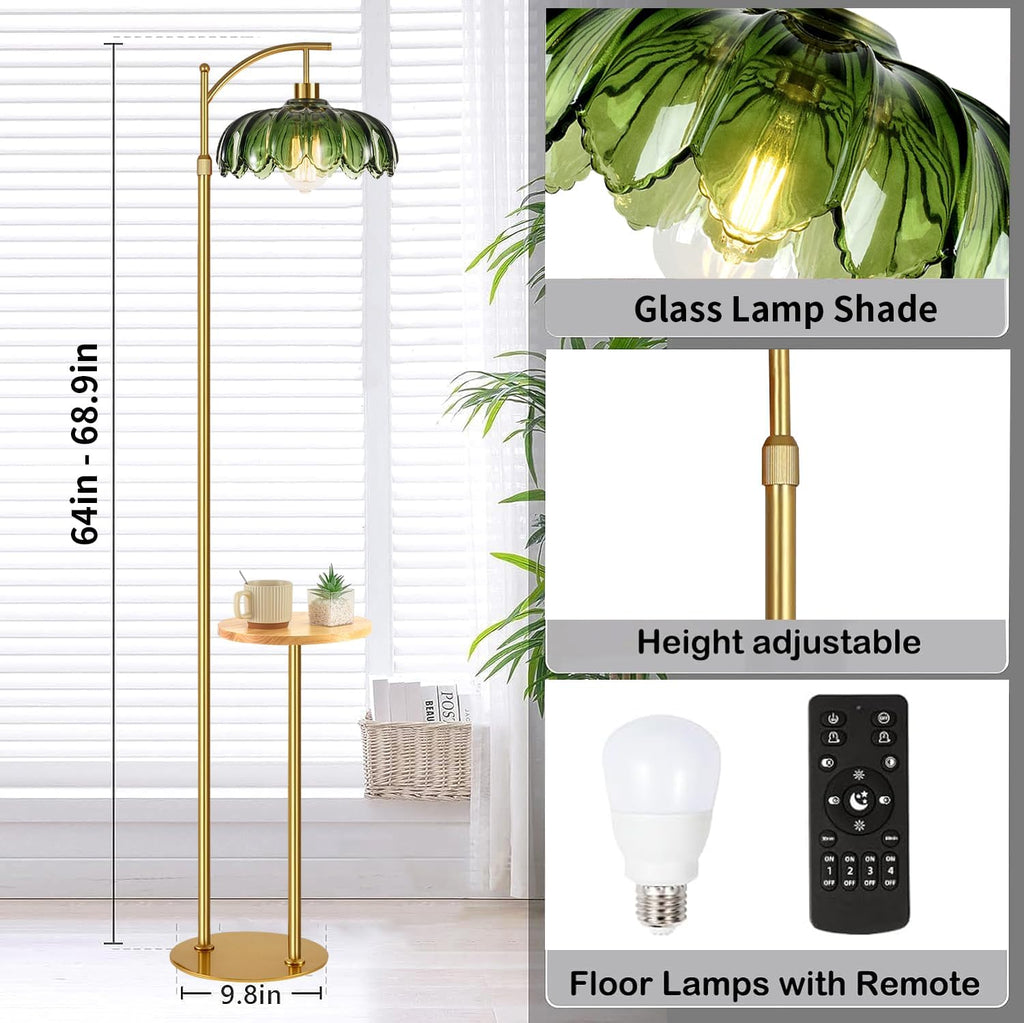 QIYIZM Glass Floor Lamp with Table and Shelves for Living Room Bedroom, Gold Standing Lamp with Remote Dimmable, Boho Brass Tall Lamp…