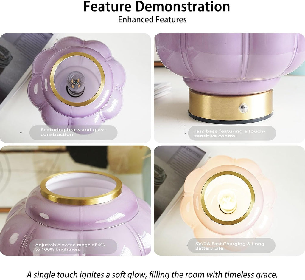 Mushroom Lamp, Cordless Rechargeable Table Lamp with Brass Base & Purple Glass Shade, 4W Dimmable Bedside Table Lamp, Small Vintage Desk…