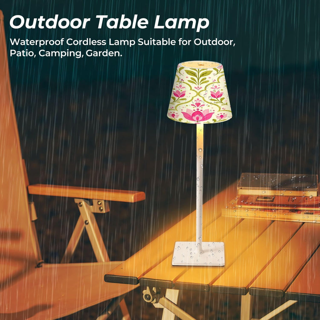 Cordless Mahjong Lamp Pink Floral Tulip Stylized Blossoms Green Leaves Cream Small LED Lamp 3 Color Dimmable Rechargeable Lamps for Mah…