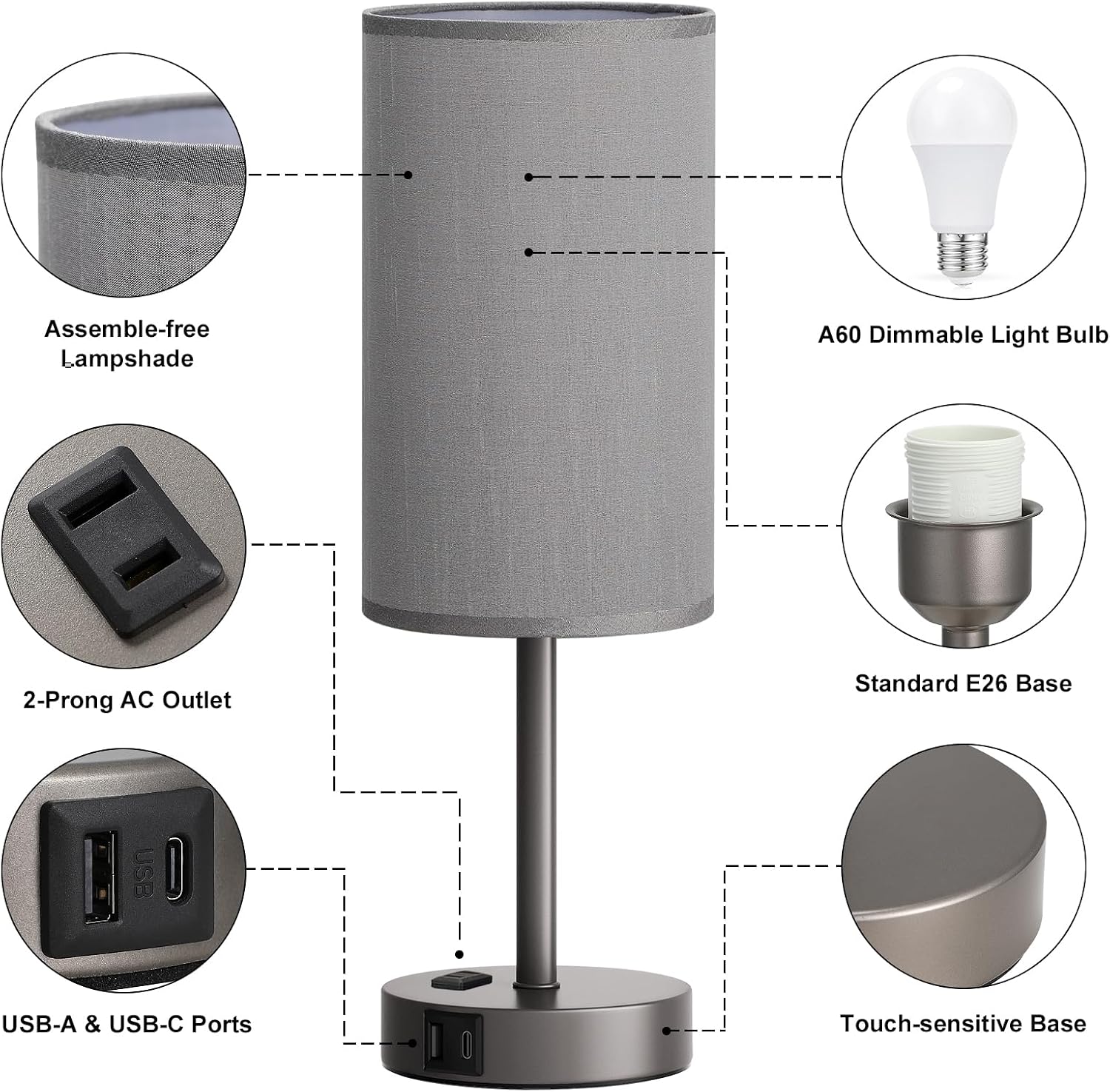 Fenmzee Grey Nightstand Bedroom Lamp - 3 Way Dimmable Bedside Lamp USB C A Charging Ports and AC Outlet, Small Table Lamp Linen Lampshade…