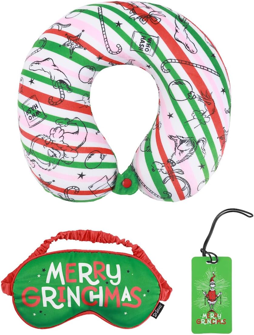 Bioworld The Grinch Merry Grinchmas 3-Piece Memory Foam Neck Pillow Eye Mask & Luggage Tag Set