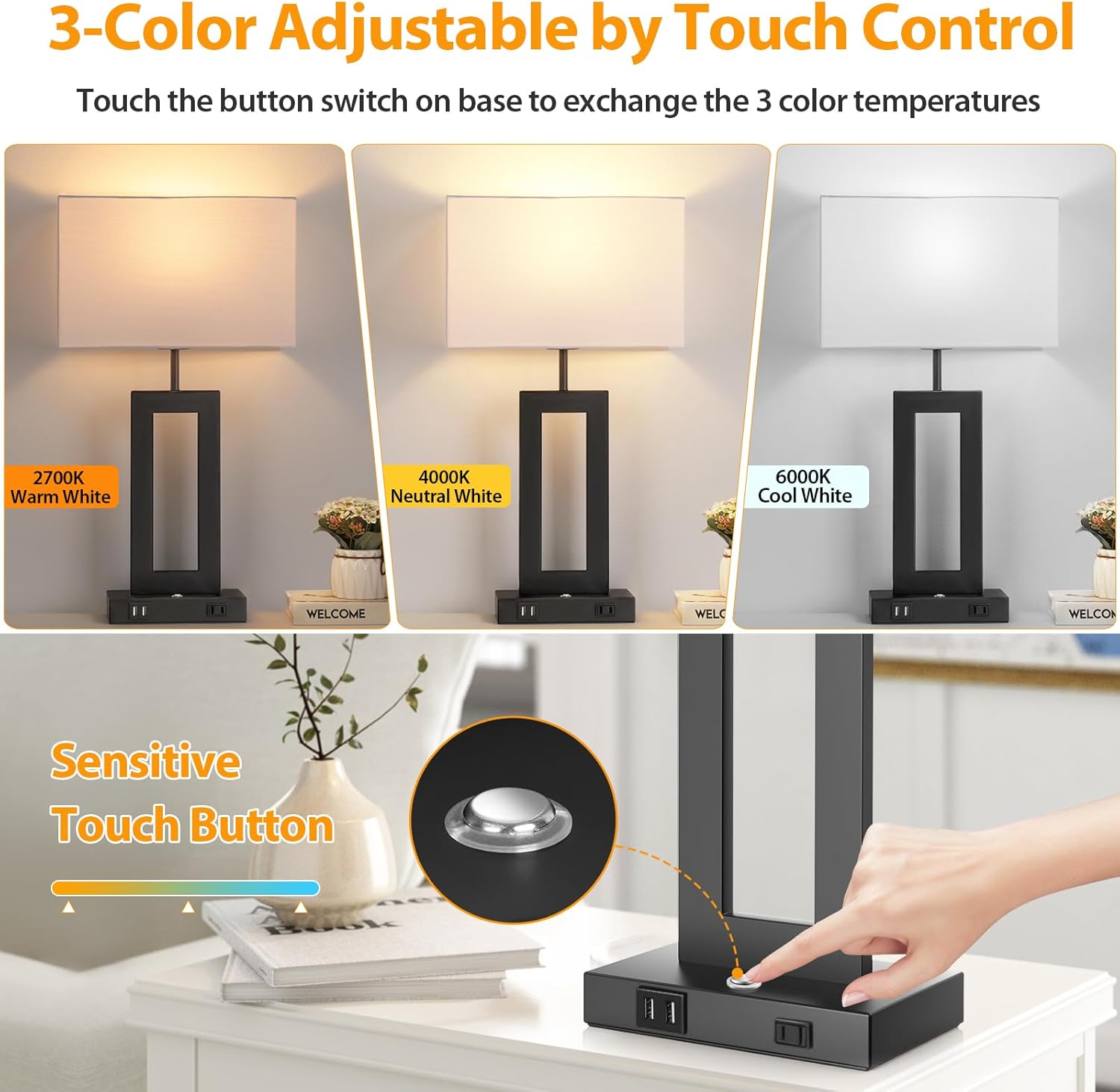 3 Color Temperatures Table Lamps for Bedrooms Set of 2, 22’’ Touch Control Bedside Nightstand Lamps with 2 USB Ports & AC Outlet…