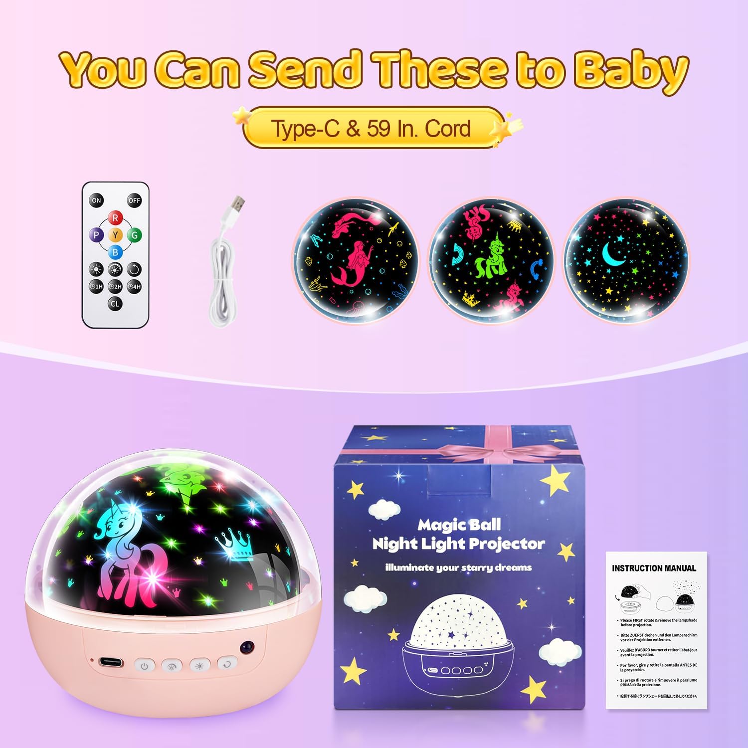 COOLNIGHT Unicorn Night Light Star Projector for Kids, 3 Films+93 Colors Kids Projector Night Light,360° Rotating All Night…