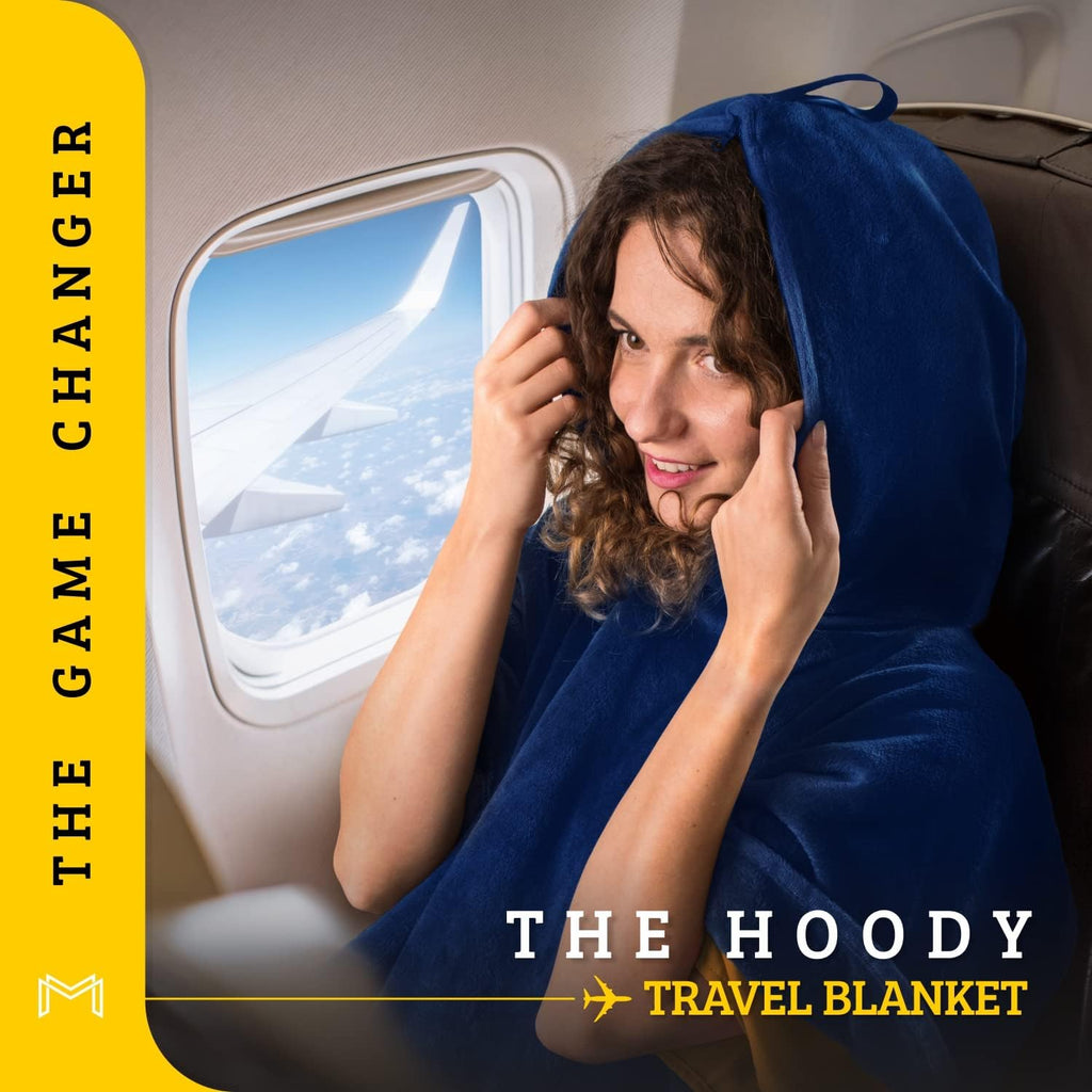 Travel Blanket Airplane Compact with Hoodie – 2in1 Airplane Travel Accessories from Plane Blanket to Travel Pillow with Luggage Strap…