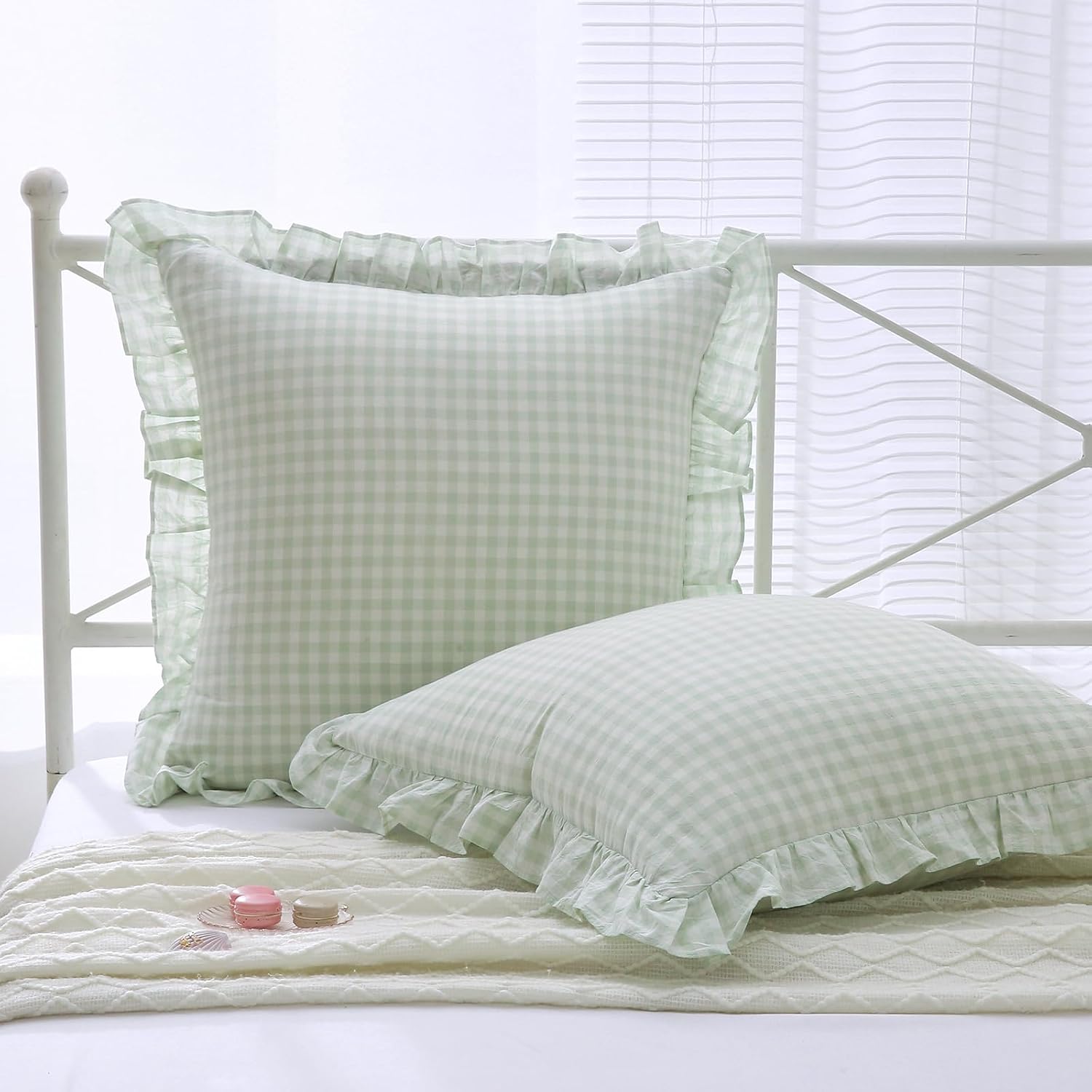 Kmasaniji 2 Pack Pile Green White Plaid Ruffle Gingham Euro Shams Pillow Covers, 100% Washed Cotton Checkered Farmhouse Pillowcases for Bed…