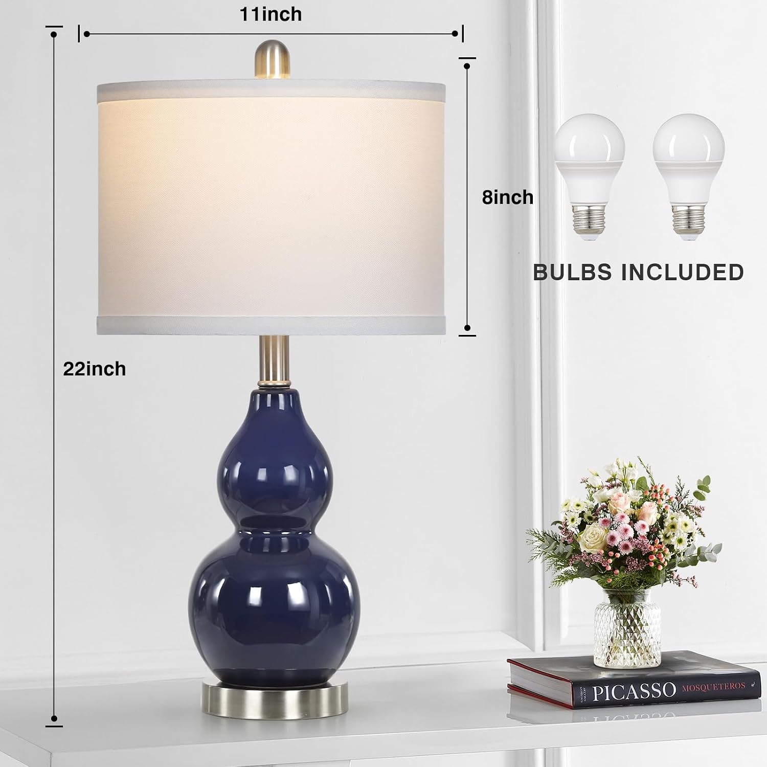 Rinweey Double Gourd Ceramic Table Lamps Set of 2, Modern Navy Blue Bedside Lamps for Night Stand, Contemporary Nightstand Lamps for…