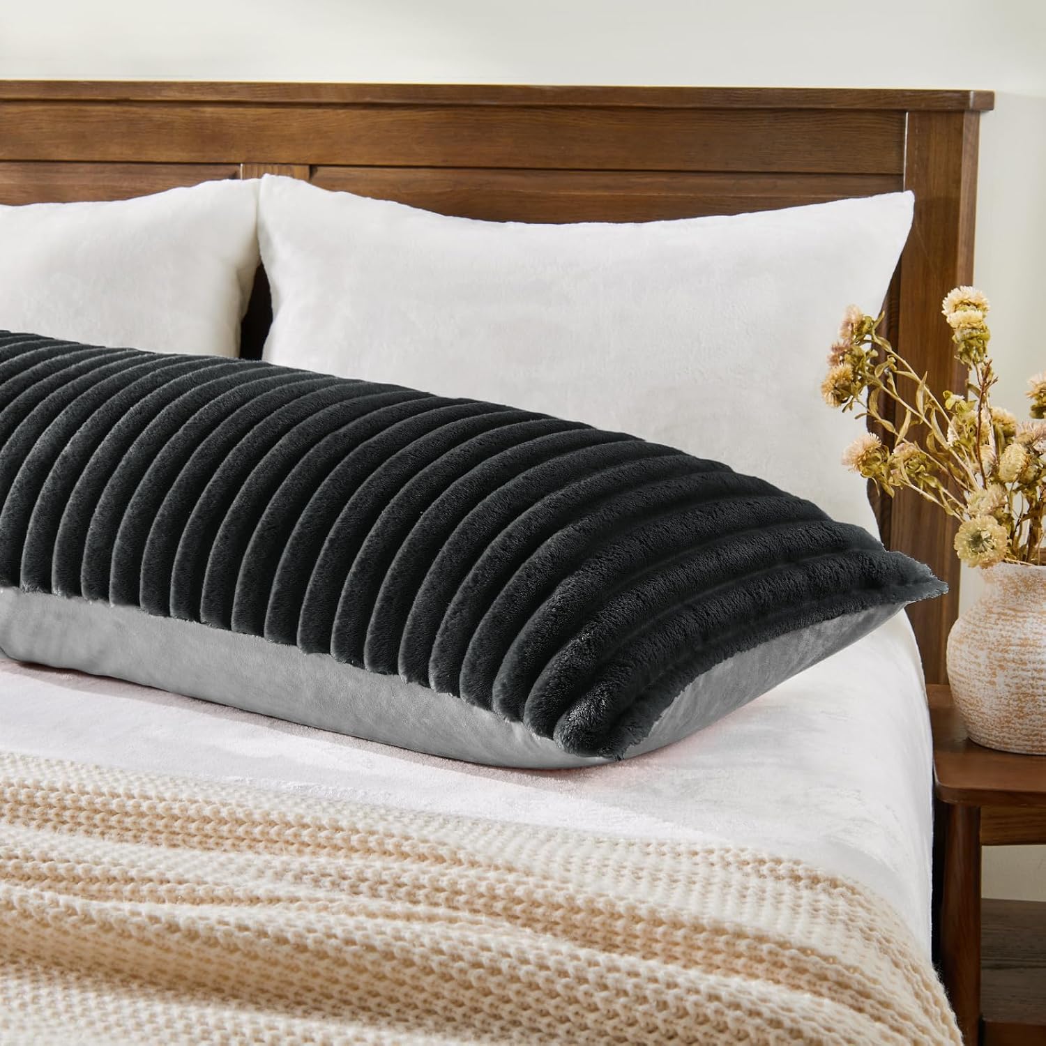 Bedelite Fluffy Faux Fur Body Pillow Cover with Zipper, Luxury Plush 3D Striped Pillow Cover 20x54 Inches, Super Soft and Cozy Long Body Pi…