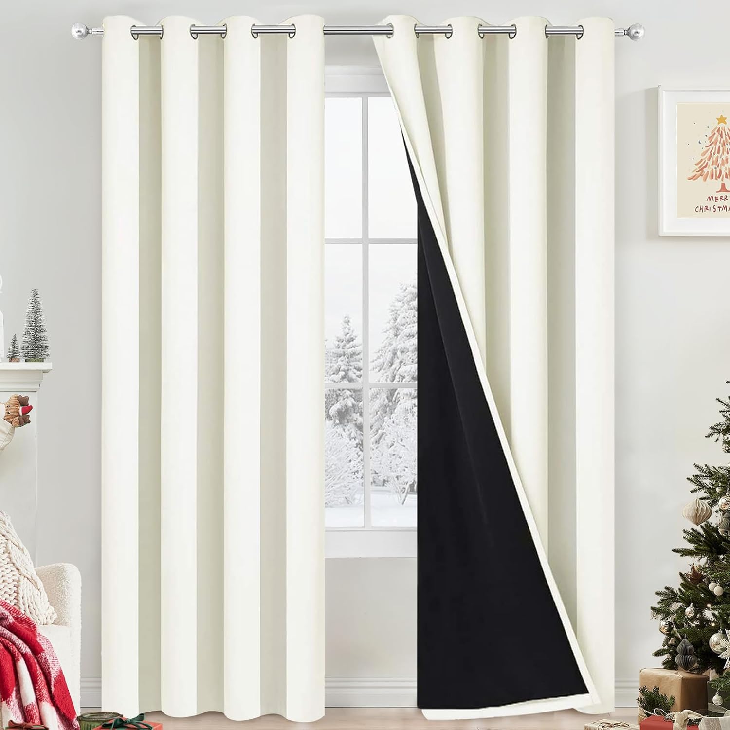 Yakamok 100% Cream Blackout Curtains for Bedroom, Light Blocking Thermal Insulated Noise Reducing Blackout Drapes for Living Room(52Wx84L,…