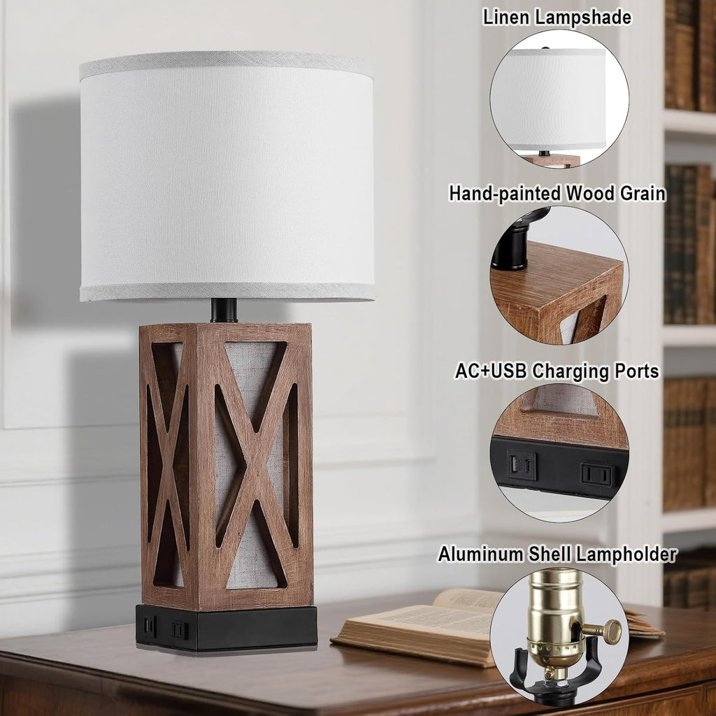Wood Table Lamp with 3 Color Temperatures, Nightstand Table Lamp with AC Outlet, USB A & C Charging Port, Bedside Lamp for Living Room…