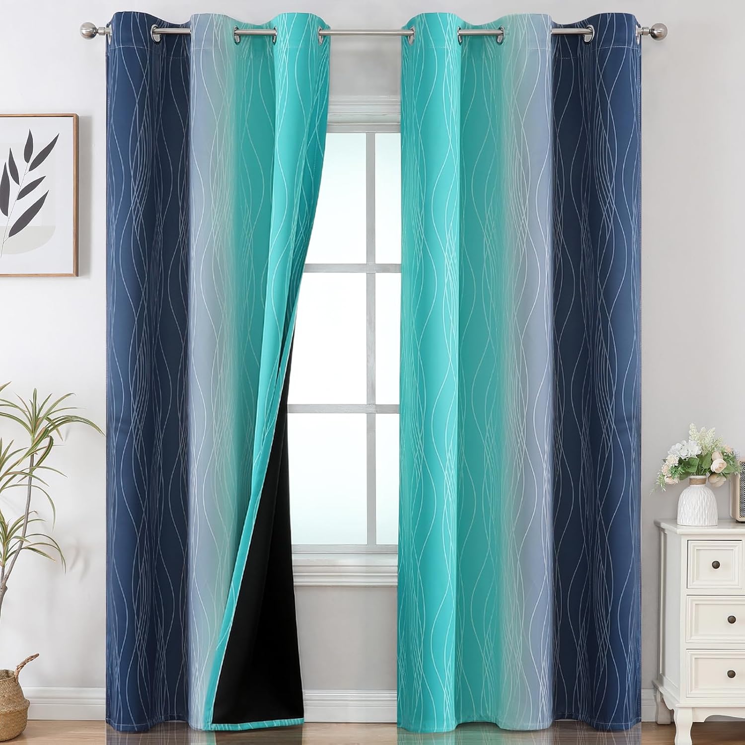 Estelartextiler Estelar Textiler Navy Blue and Teal Ombre Blackout Curtains for Bedroom, Thermal Insulated Gradient Blackout Drapes, Full R…