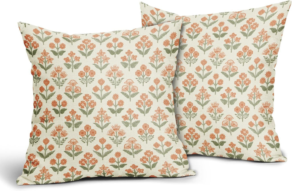 Orange Green Floral Block Print Pillow Covers 18x18 Inch Set of 2, Vintage Flower Pattern Decorative Throw Pillowcases Outdoor Farmhouse…
