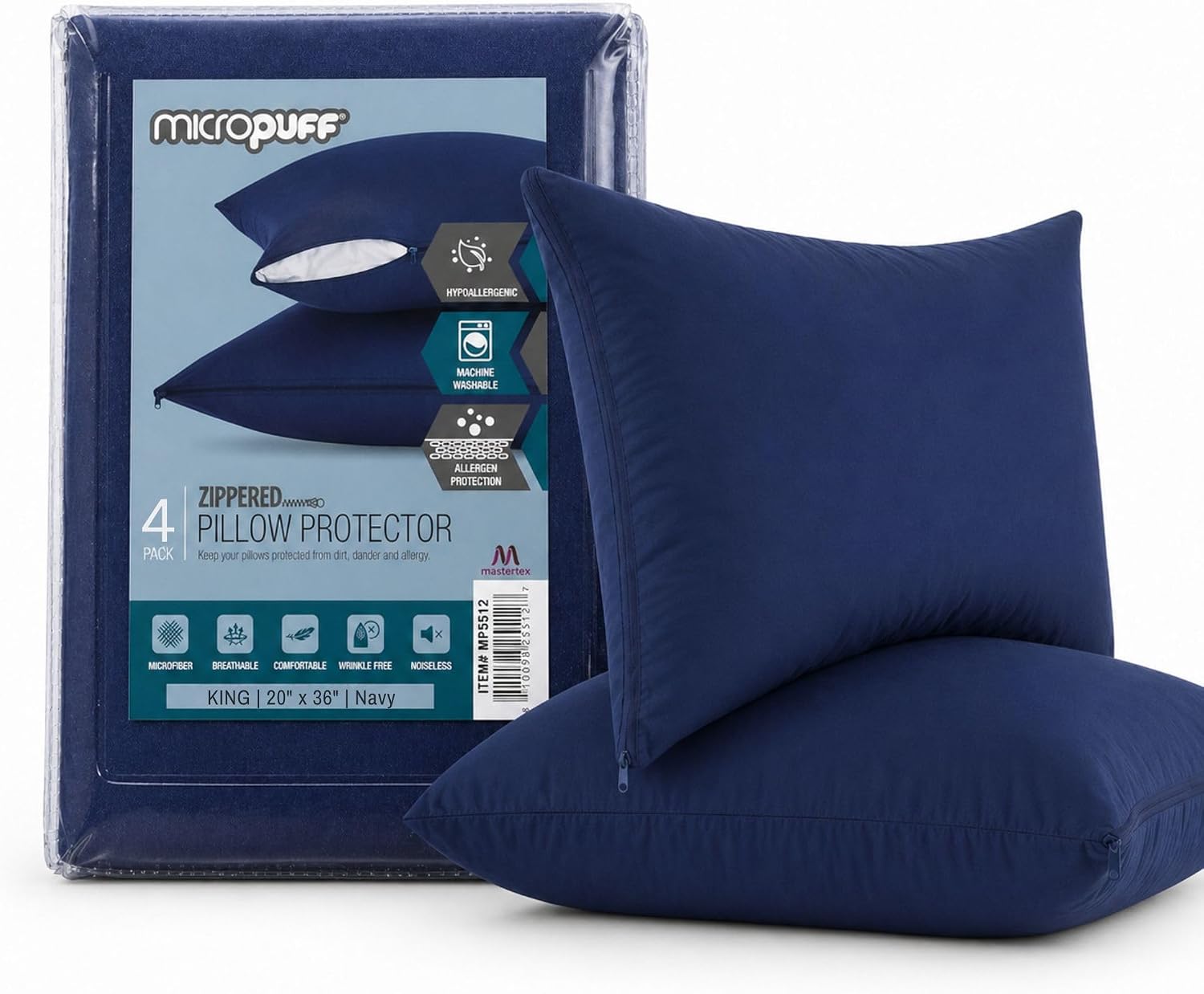 Micropuff Navy King Size Pillow Protectors with Zipper - 4 Pack - Soft and Breathable Hypoallergenic Pillow Cover. Pillowcase Protects…