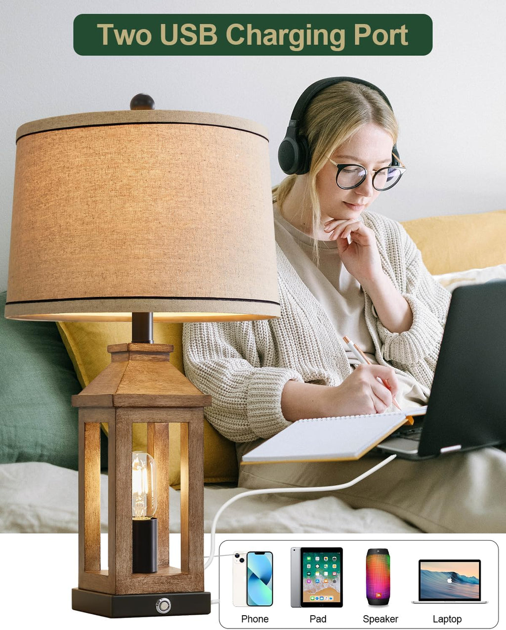G-SAFAVA 23.75" Farmhouse Table Lamps USB A+C Charging Ports 3-Way Dimmable Touch Control Lamp Nightlight Vintage Modern Lamp for Living…