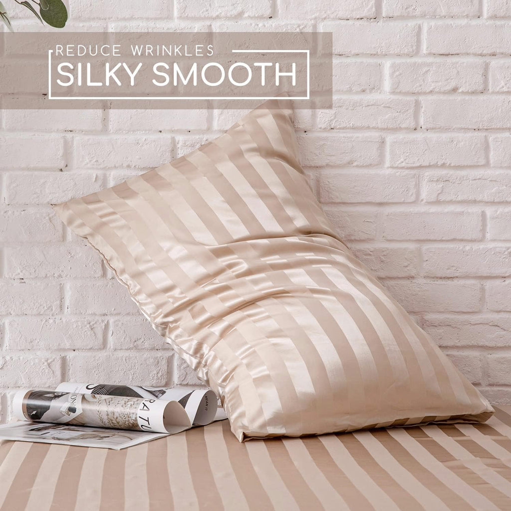 MR&HM Satin Bed Sheets, Full Size Sheets Set, 4 Pcs Silky Bedding Set with 15 Inches Deep Pocket for Mattress (Full, Champagne Striped…