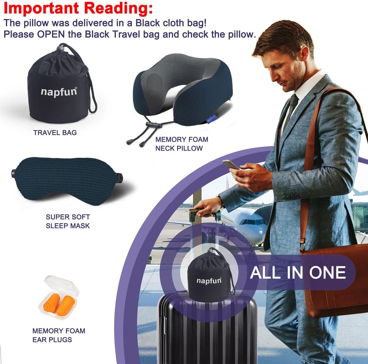 napfun Neck Pillow for Travel with Travel Pouch, Sleep Mask & Earplugs, Memory Foam Airplane Pillow for Headrest Sleep with Eyeshades…