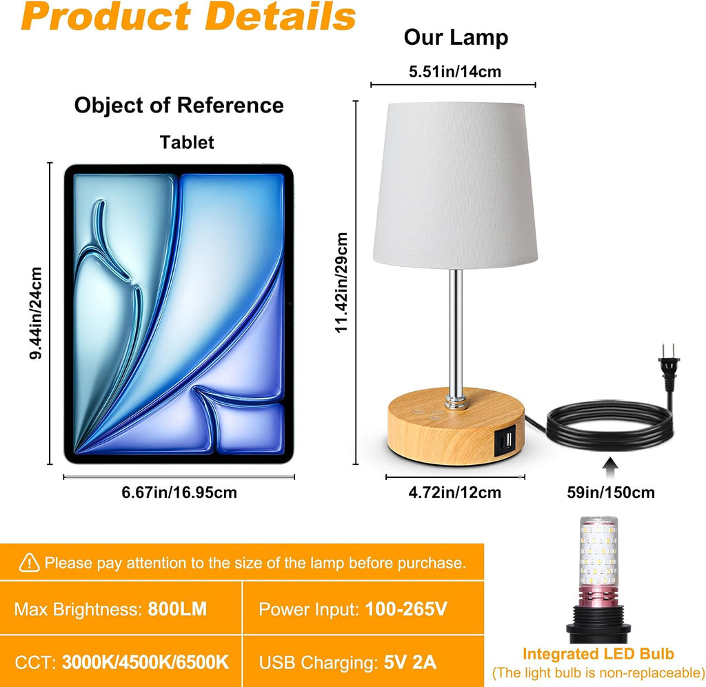 Ascher Small Bedside Table lamp Set of 2, RGB Color Changing Lamps, 3 Color Temperatures, Stepless Dimmable, Nightstand Lamp with USB C+A…