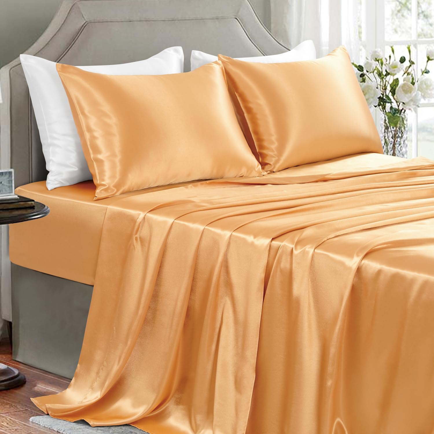 Golal Satin Sheets King Size - 4 Pieces Luxury Silky Soft Bed Sheets, Wrinkle-Free Gold Satin Silk Sheet Set with 1 Deep Pocket Fitted Shee…