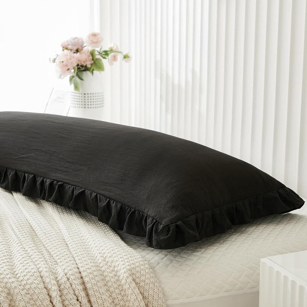 Merryword Black Body Pillow Cover 20x54inches Long Pillowcase Ruffled Pillowcases Shabby Chic Ruffled Fringe Decor Body Ruffled Pillow Sham…
