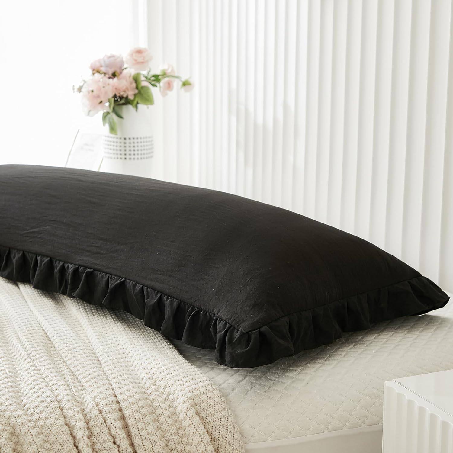 Merryword Black Body Pillow Cover 20x54inches Long Pillowcase Ruffled Pillowcases Shabby Chic Ruffled Fringe Decor Body Ruffled Pillow Sham…