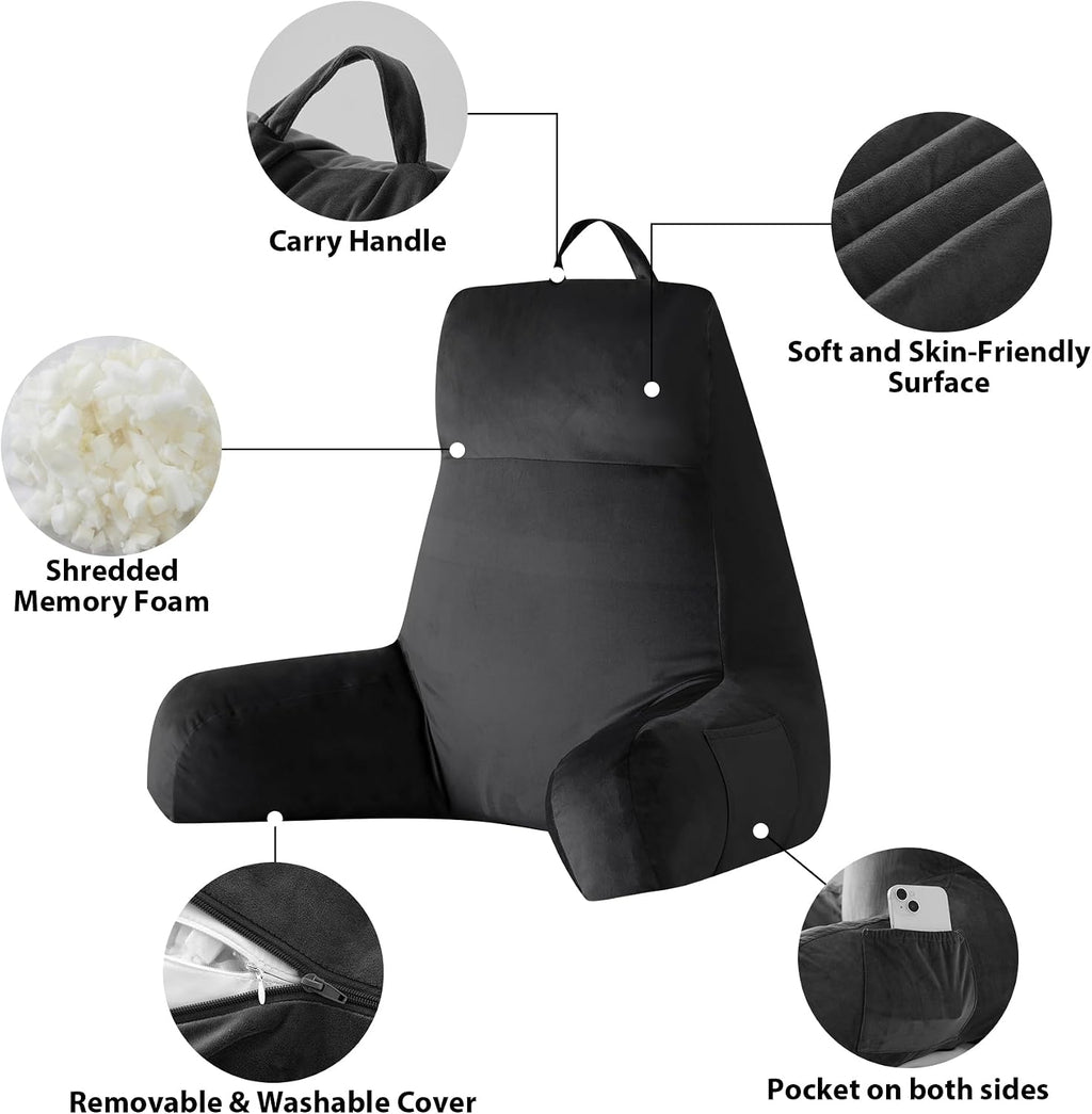 Ipynbap Reading Pillow with Arms for Adult, Back Pillow for Bed Sitting Up, Shredded Memory Foam Backrest Pillow with Pockets & Removable W…