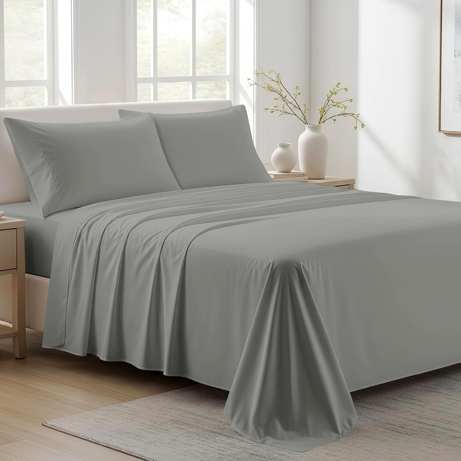 AshtonSheets 100% Organic Cotton Sheets Queen Size - Organic Cotton Queen Size Percale Weave Sheet Set (4 PC, Dark Grey), Soft, Cooling, Cr…