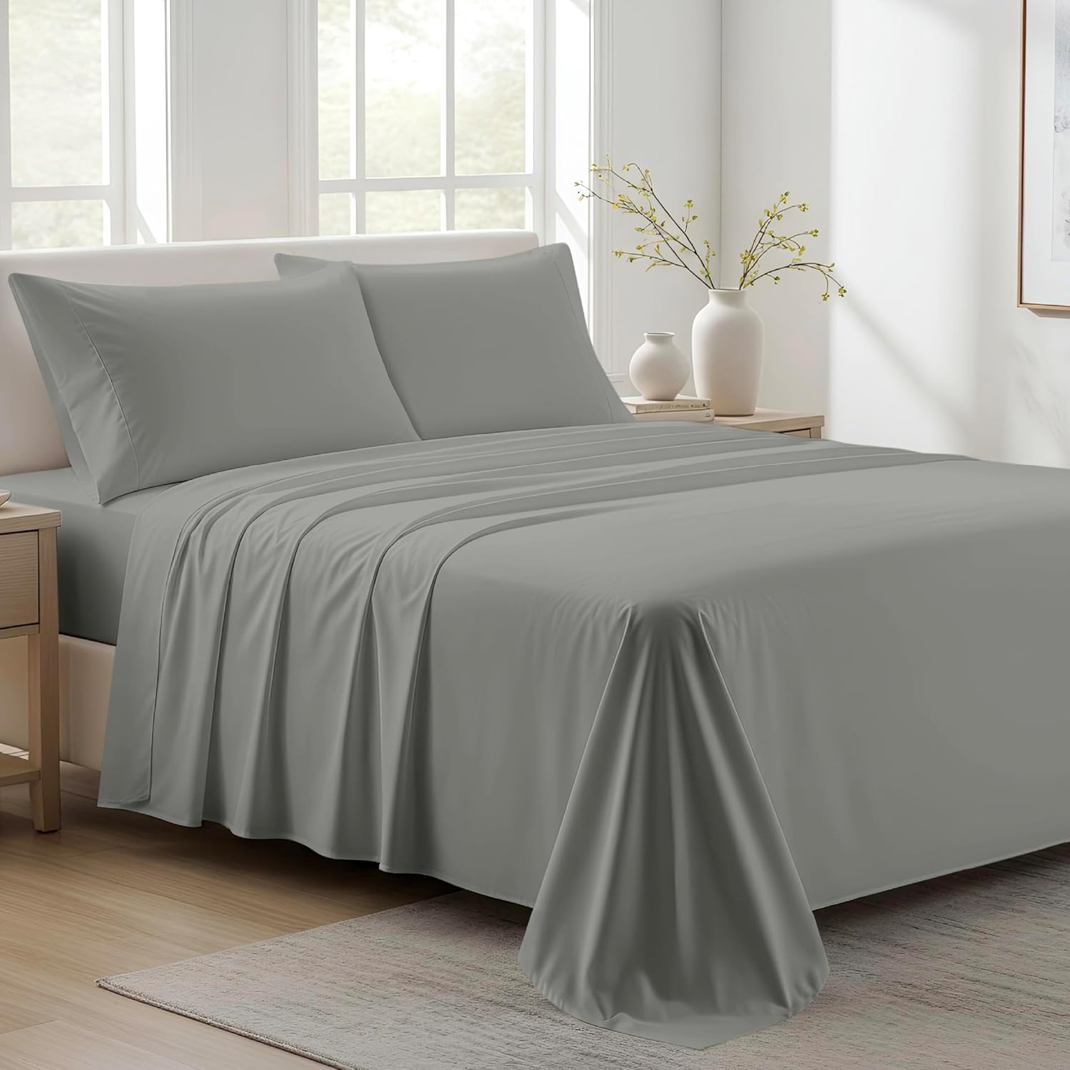 AshtonSheets 100% Organic Cotton Sheets Full Size - Organic Cotton Full Size Percale Weave Sheet Set (4 PC, Dark Grey), Soft, Cooling, Cris…