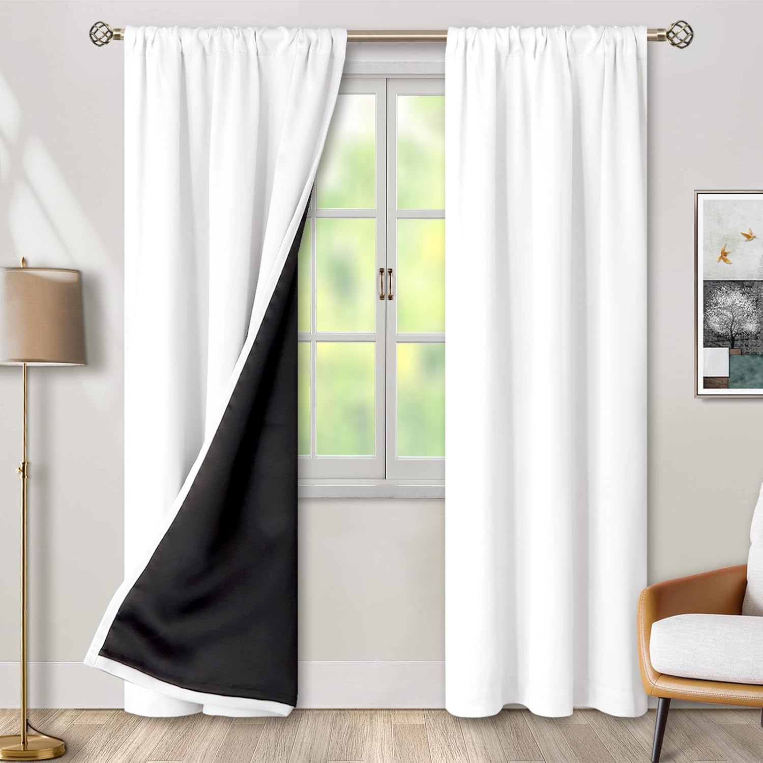 BGment Pure White 100% Blackout Curtains for Bedroom, Black Out Living Room 84 inch Panels with Thermal Liner, Rod Pocket and Back Tab…