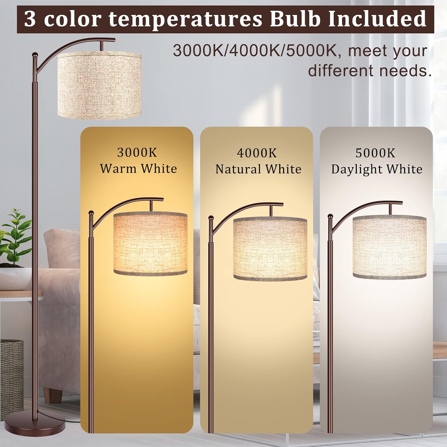 Floor Lamp for Living Room, LED Standing Lamp Tall Industrial Floor Lamp Reading for Bedroom, Office (9W LED Bulb, Beige Lampshade…
