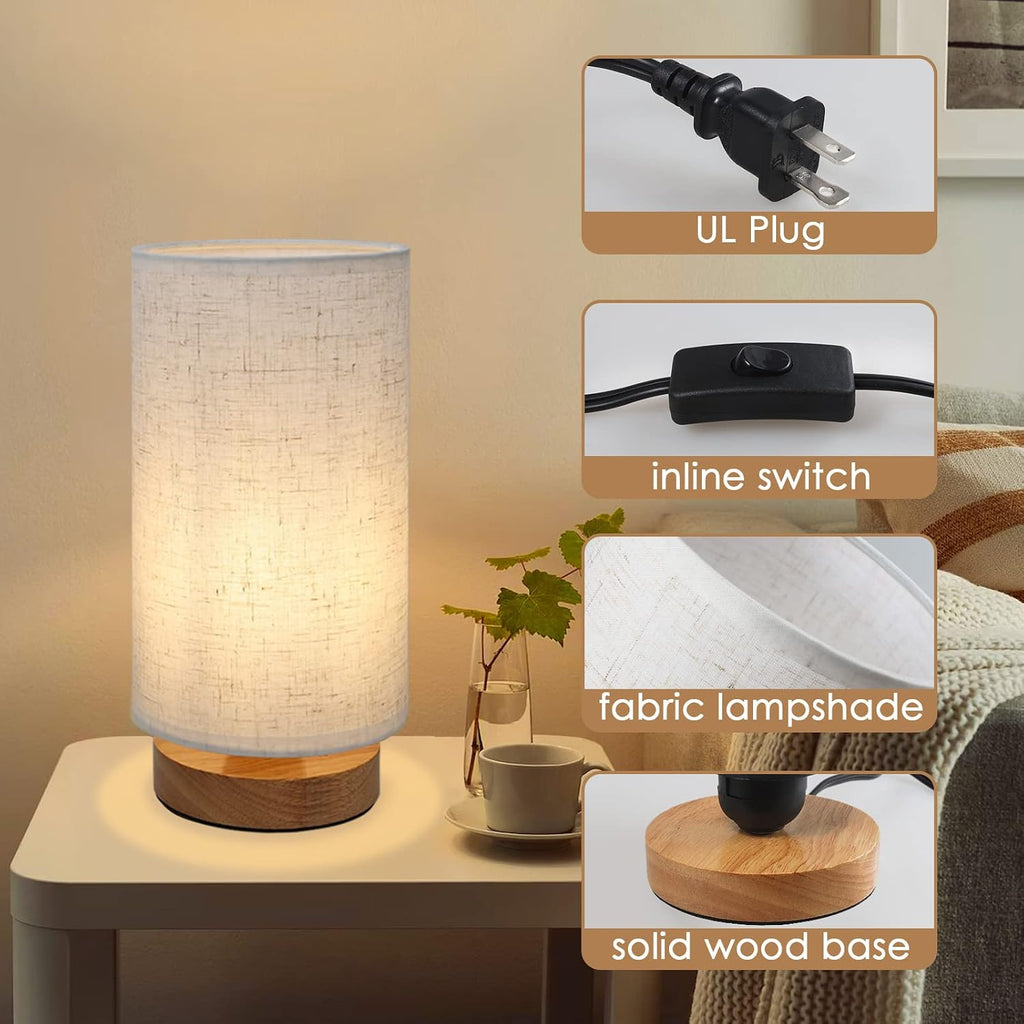 Minimalist Dimmable Nightstand Lamp with Round Fabric Linen Shade, 3 Color Temperatures, Desk & Bedside Lamp for Study, Living Room…