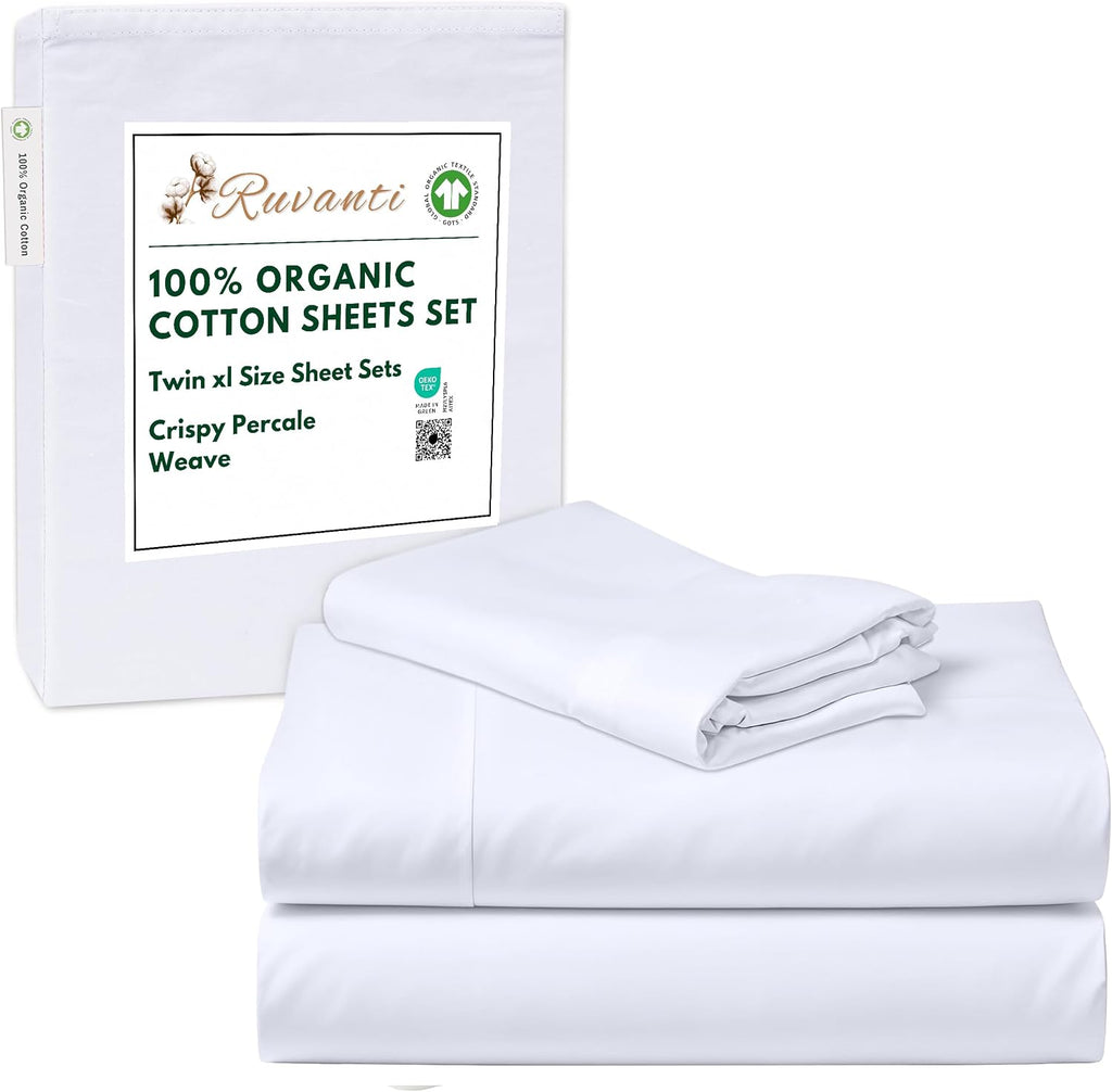 Ruvanti 100% Cotton Organic Percale Sheets Twin XL Size – Crisp Cooling Bed Sheets for Hot Sleepers, Deep Pocket 15”, Soft Peach Finish, Br…
