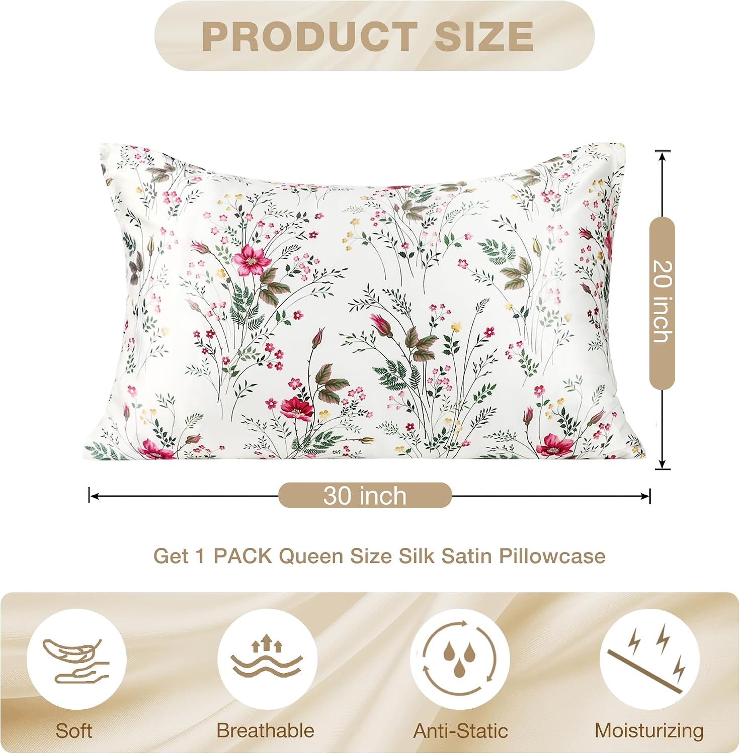 MANSPHIL White Silk Pillow Cases Pink Floral Queen Size, 22 Momme Mulberry Silk Top with Satin Underside Pillowcase for Hair and Skin…